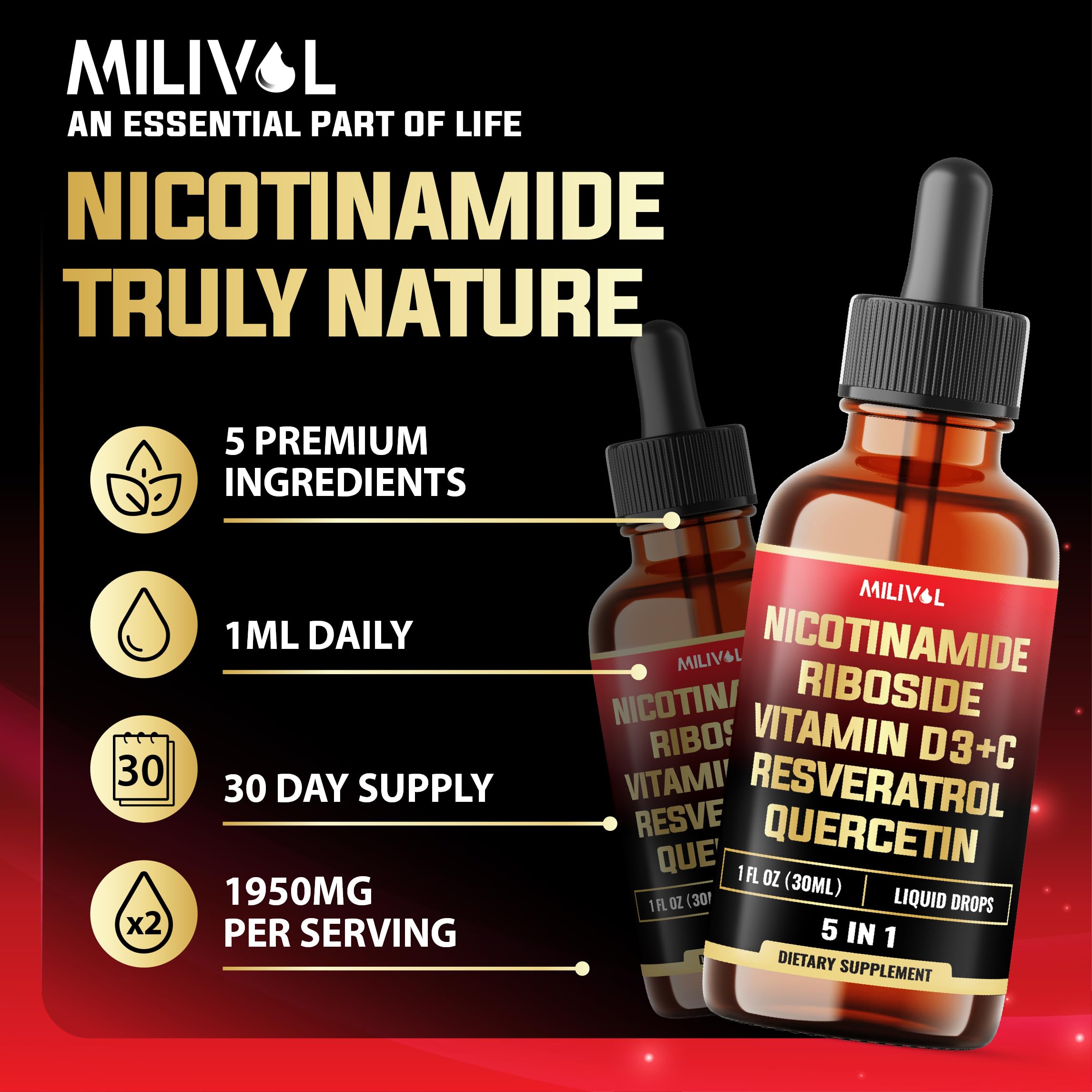 MILIVOL 5in1 NAD+ Liquid Drops w/Nicotinamide Riboside NR 900mg, Quercetin 500mg, Trans-resveratrol 500mg, Vitamin D3-C - Cellular Energy & Repair, Vitality, Healthy Aging - 1FL Oz - 1 Month Supply MILIVOLAu supplements