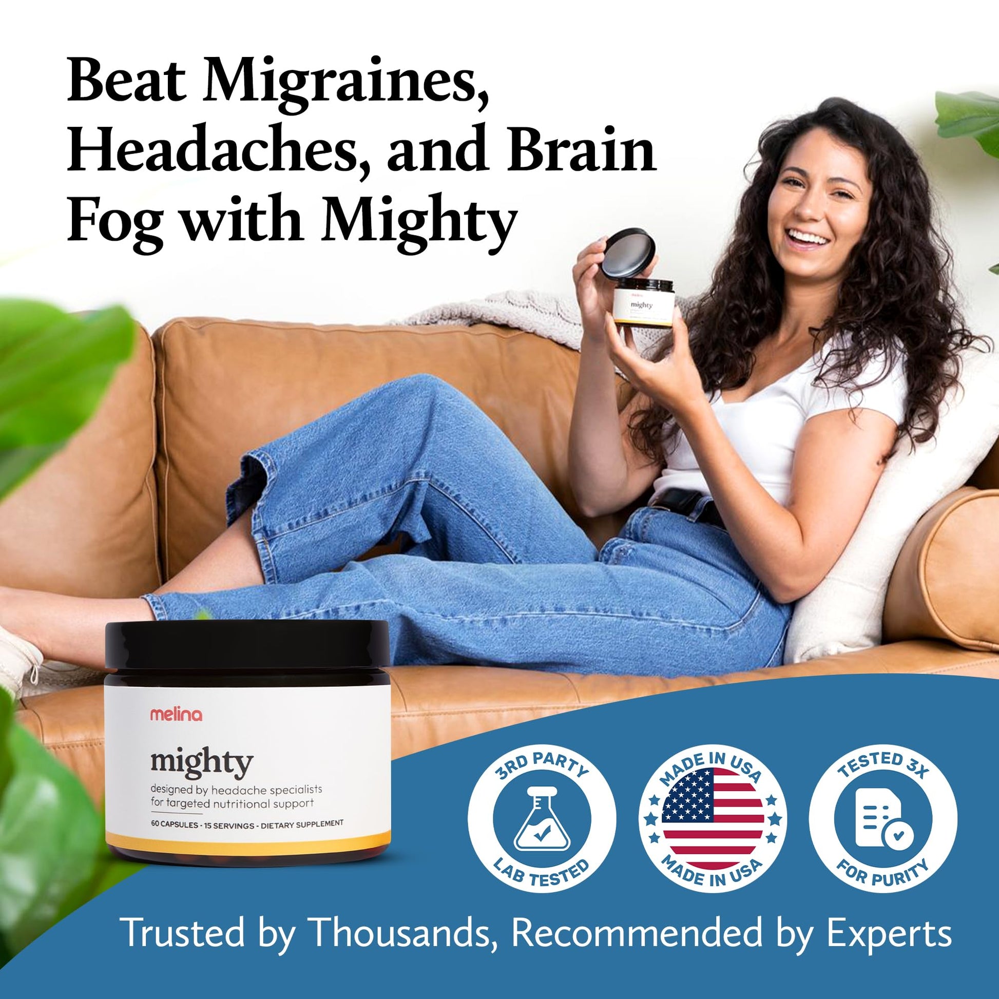 Melina Mighty Natural Migraine Relief Supplement - Magnesium, B2 Riboflavin 400mg, Feverfew, CoQ-10, ALCAR to Strengthen Migraine and Headache Prevention - 15 Servings (60 Caps) MelinaAu supplements