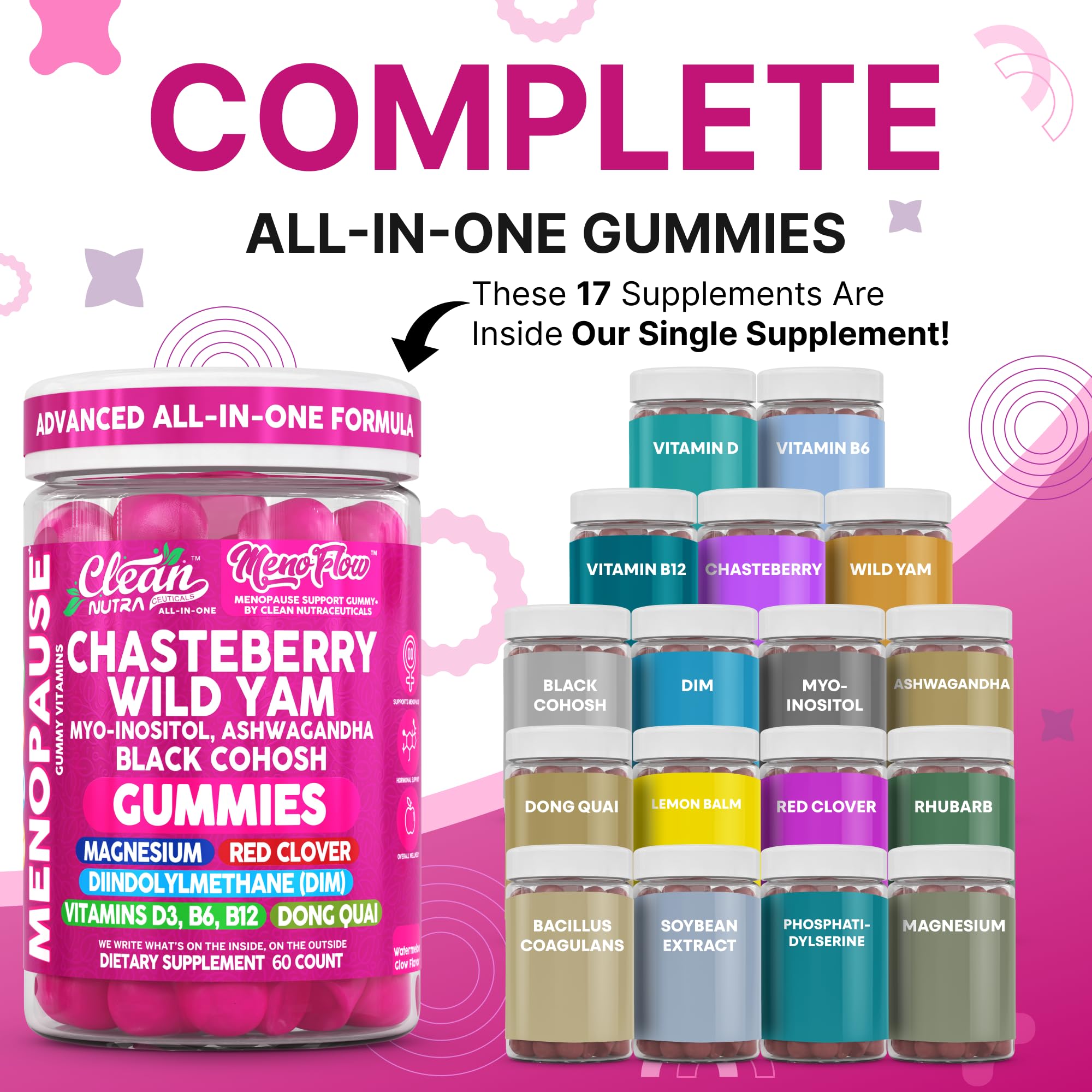 Clean Nutra Menopause Supplements for Women Chastberry Wild Yam Gummies Inositol Black Cohosh Magnesium Red Clover DIM Supplement B6 Magnesium Glycinate Glycine Vitex Hormone Balance Gummy Vitamins Clean NutraceuticalsAu supplements