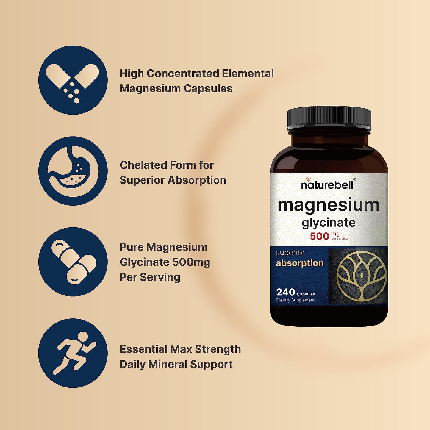 NatureBell Magnesium Glycinate Capsules 500mg | 240 Count, 100% Chelated & Purified NatureBellUS supplements