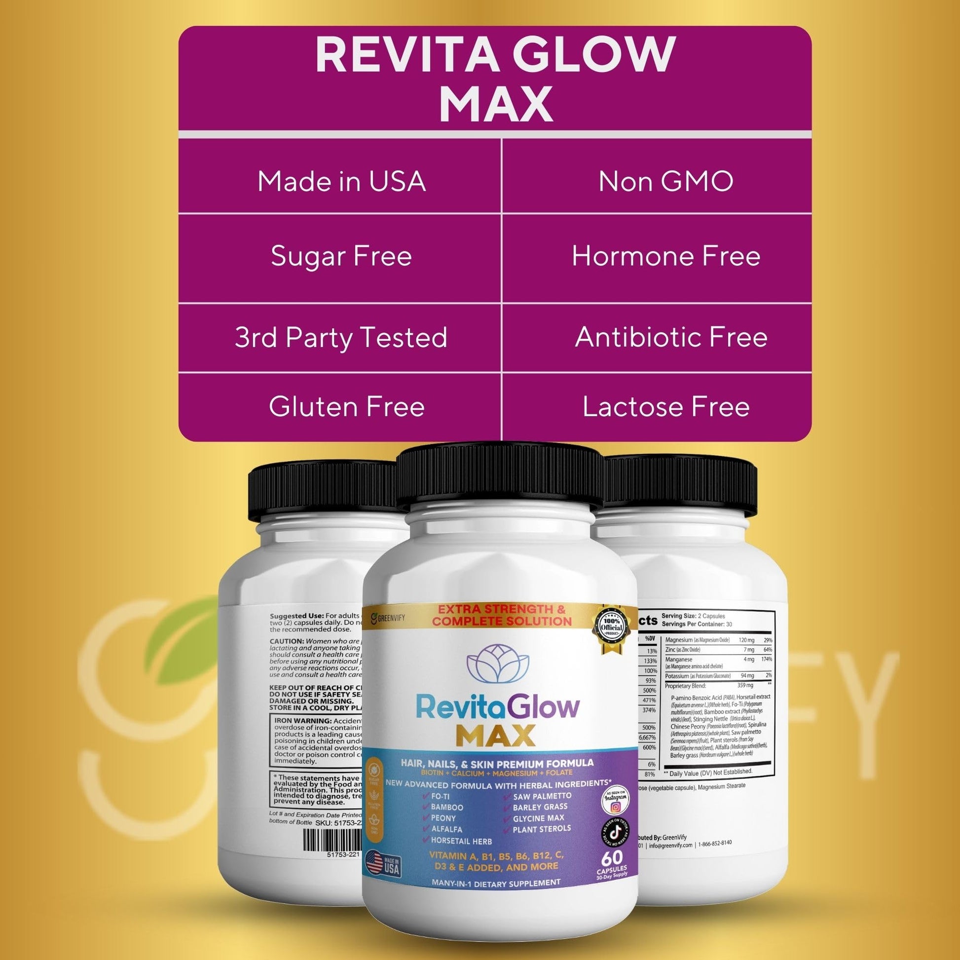 GREENVIFY RevitaGlow Max Hair, Nails & Skin Premium Formula, 60 Capsules, 30-Day Supply, with Biotin, Vitamins A, B1, B5, B6, B12, C, D3, E (1) GREENVIFYAu supplements