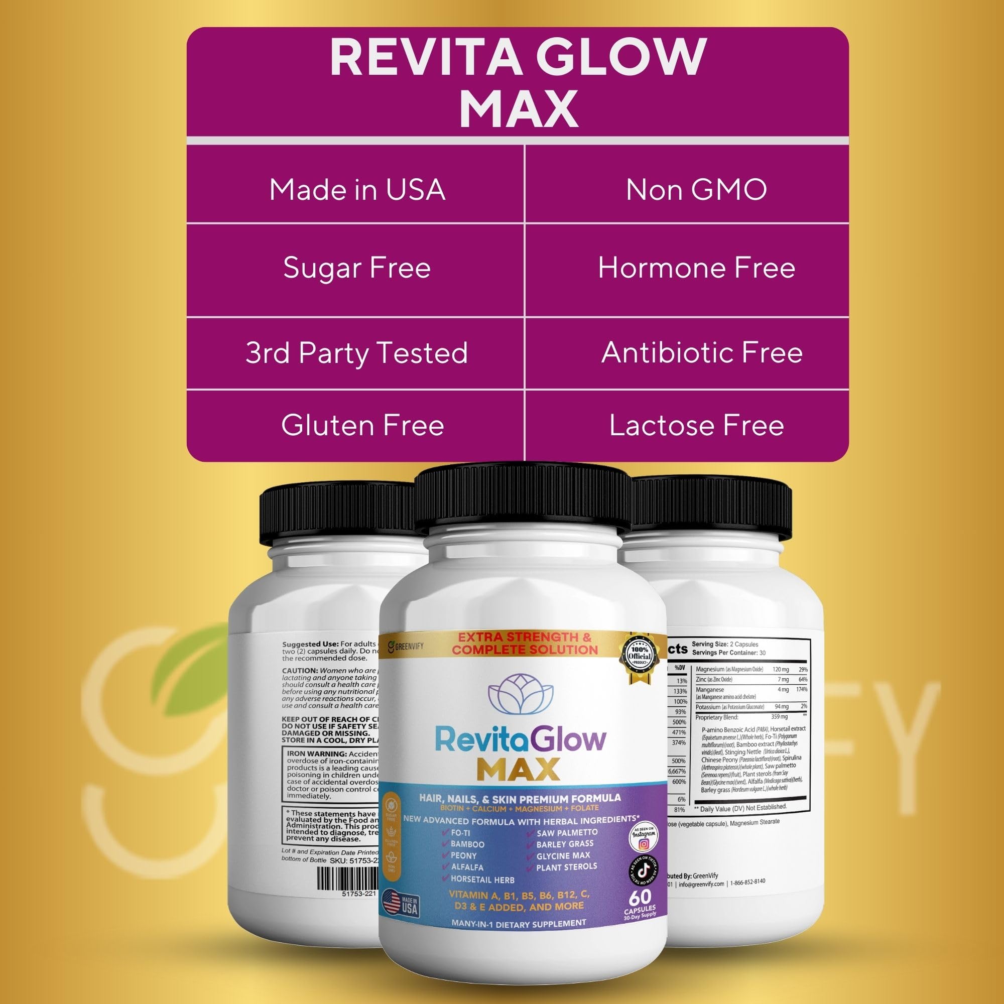 GREENVIFY RevitaGlow Max Hair, Nails & Skin Premium Formula, 60 Capsules, 30-Day Supply, with Biotin, Vitamins A, B1, B5, B6, B12, C, D3, E (1) GREENVIFYAu supplements