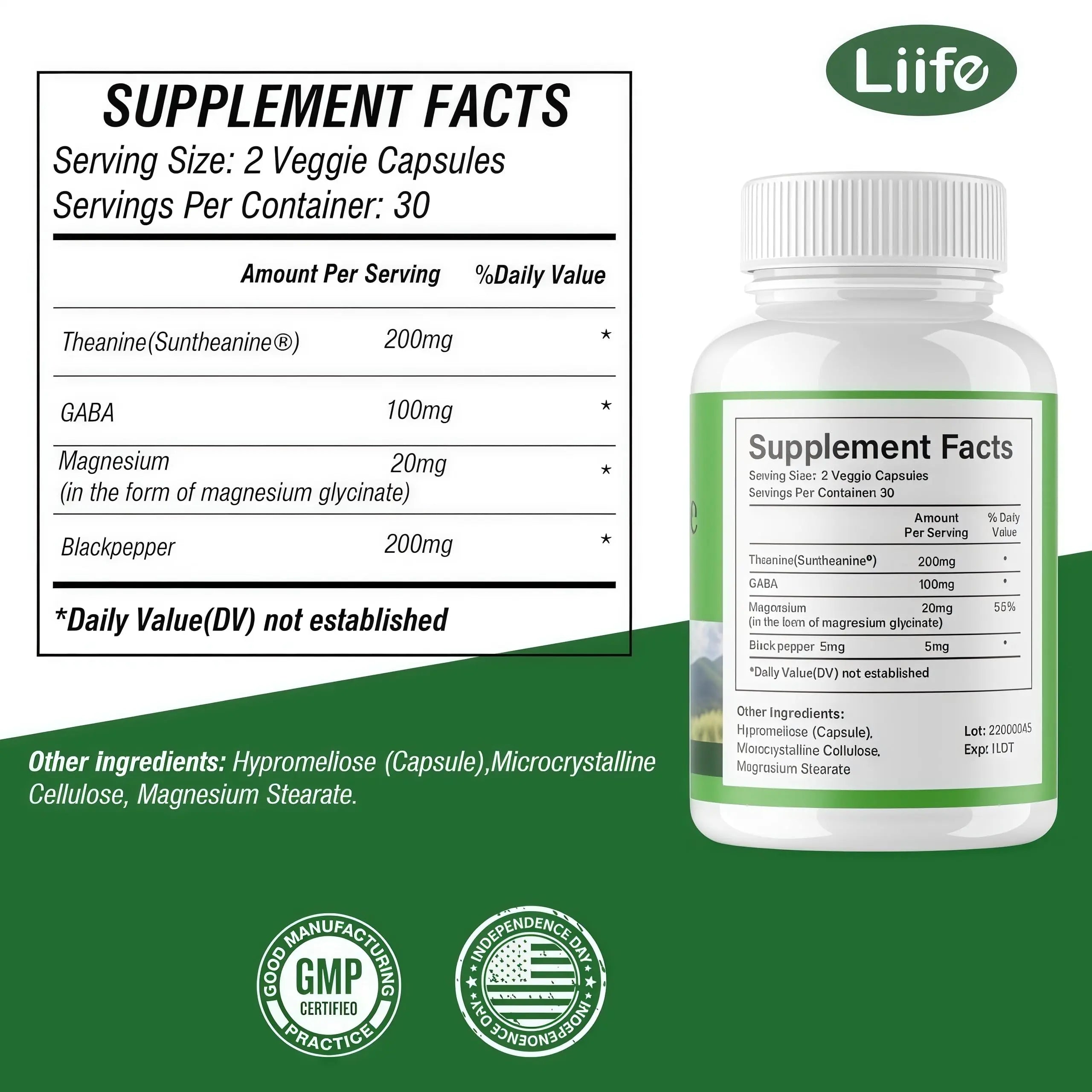 LIIFE L-Theanine (Suntheanine®) with GABA– 60 Veggie Capsules Support with Magnesium & Black Pepper for a Healthy Stress Response, Relaxation, and Focus Increases Brain Alpha-Wave Production* LIIFEnz supplements