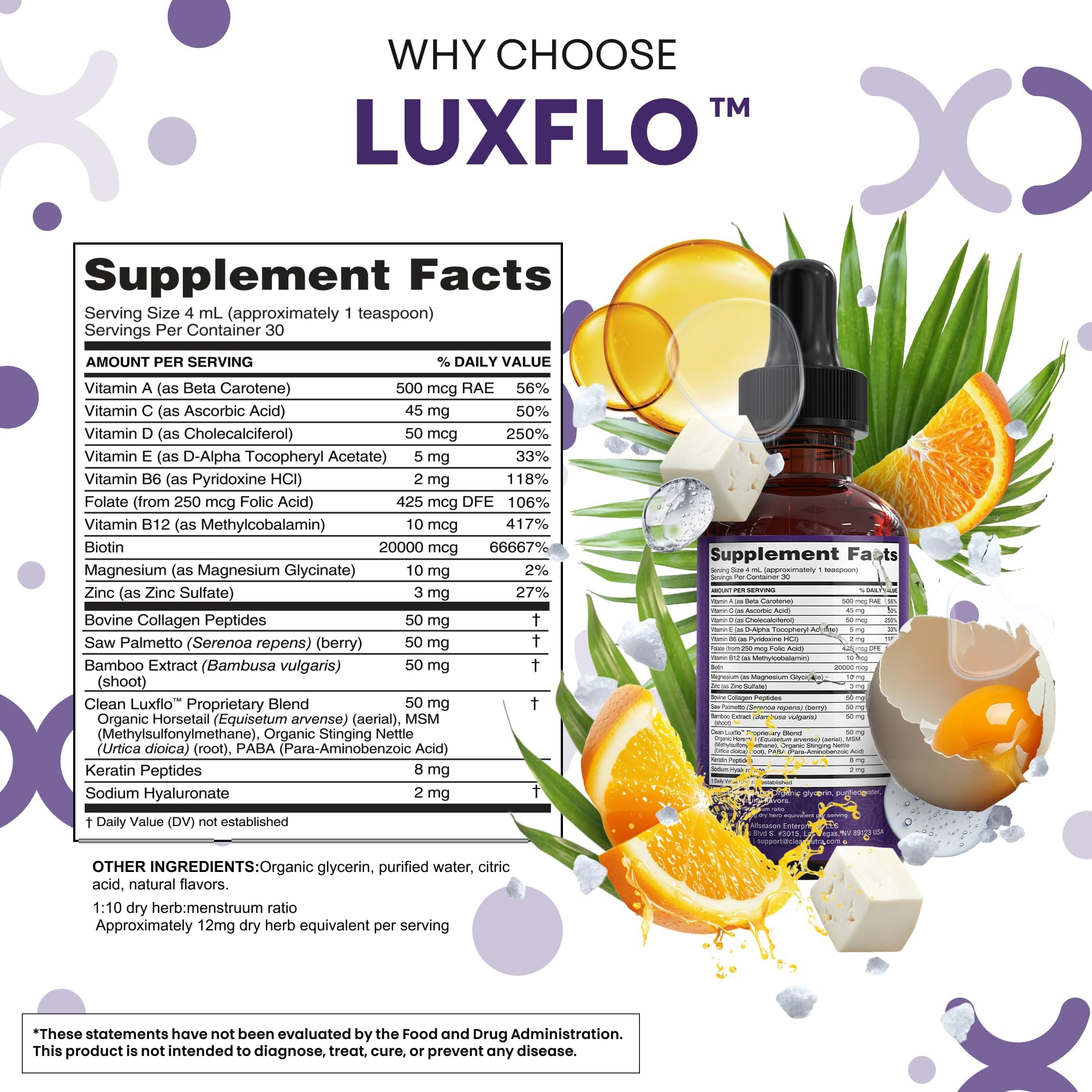 Liquid Biotin & Collagen Keratin Hyaluronic Acid Saw Palmetto Drops Vitamins for Hair Growth Support Silica Vitamin A C D Bamboo Turmeric Zinc Folate Magnesium Horsetail LuxFlo By Clean Nutra Clean NutraceuticalsAu supplements