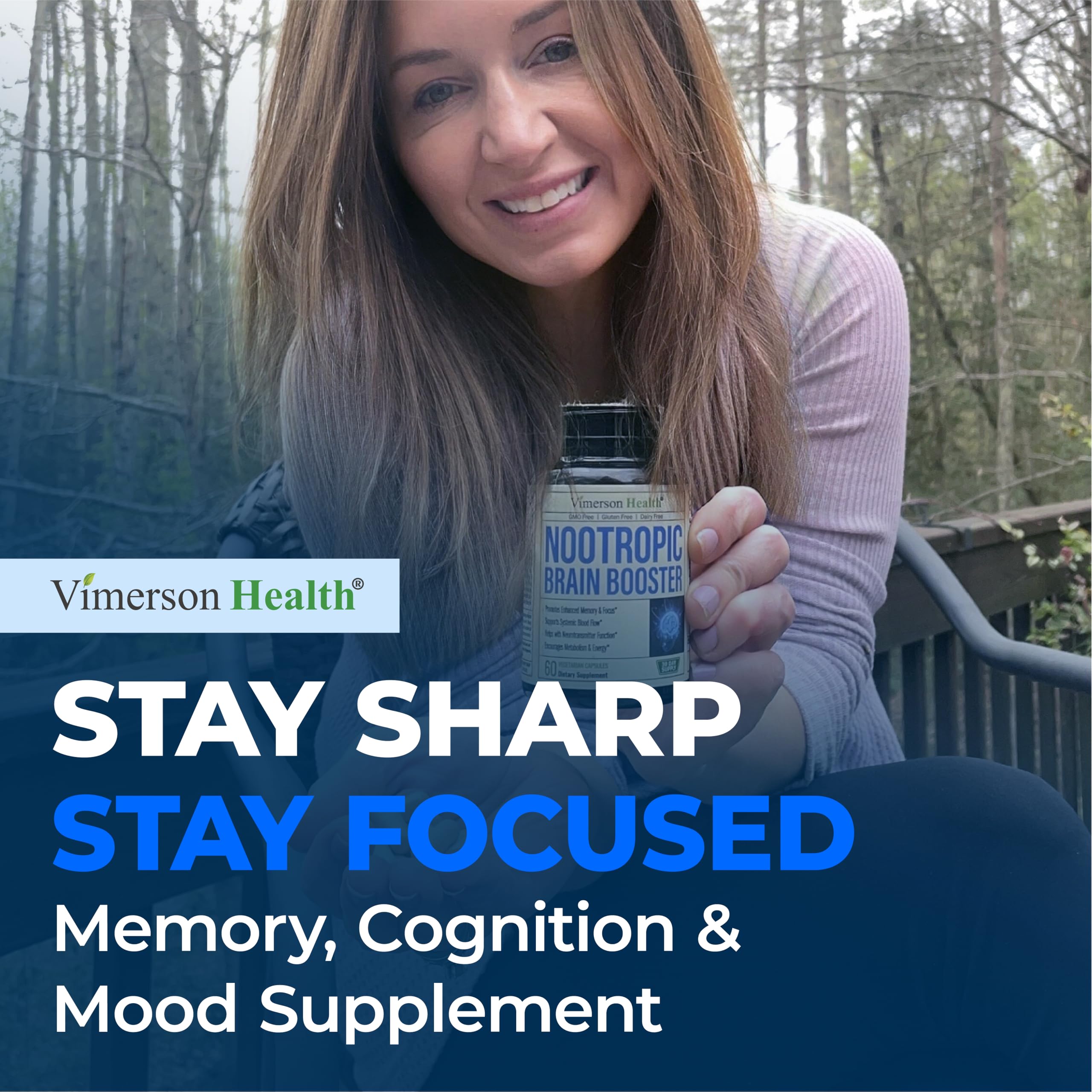 Nootropics Brain Support Supplement - Nootropic Brain Booster for Improved Focus, Concentration & Memory. Brain Nootropic for Brain Health, Mood & Energy Support. Non-GMO. Made in the USA. 60 Capsules Vimerson HealthAu supplements