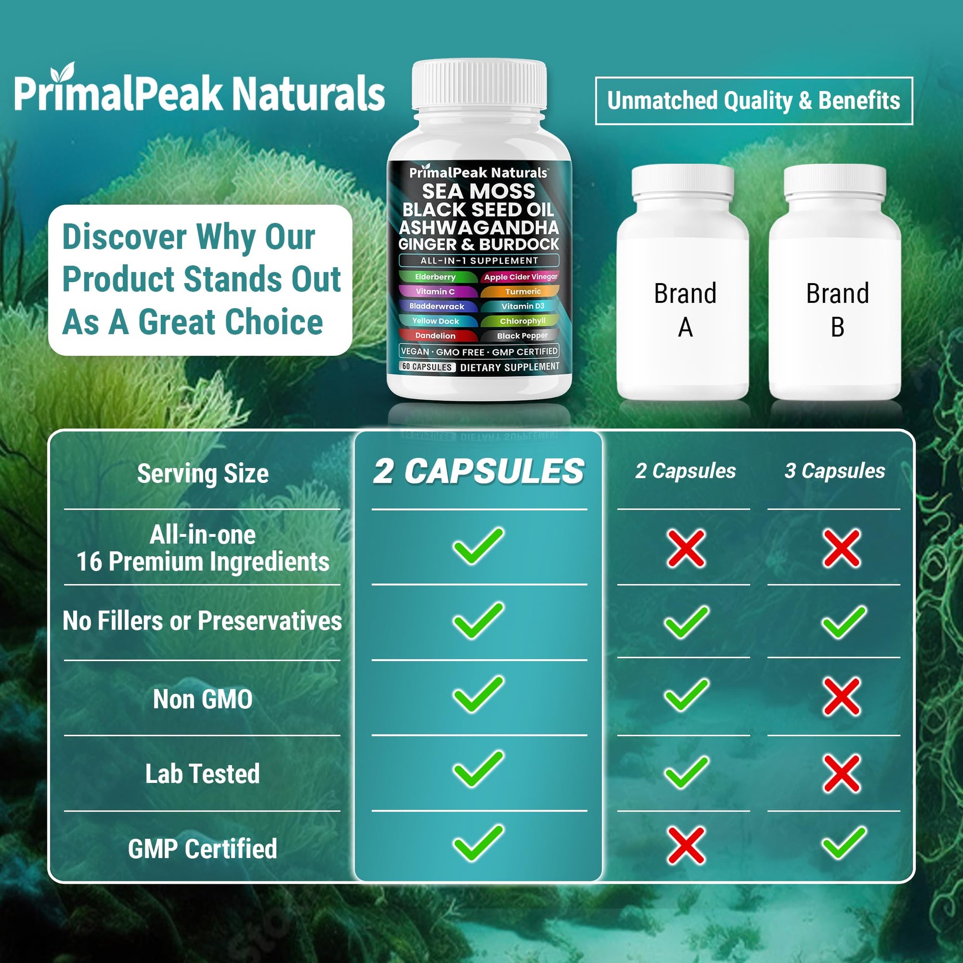 PrimalPeak Naturals Sea Moss Black Seed Oil Ashwagandha Ginger Burdock Bladderwrack Turmeric & Vitamin C Vitamin D3 with ACV Elderberry Chlorophyll Dandelion Yellow Dock Vegan Capsules - 60 Count PrimalPeak NaturalsAu supplements
