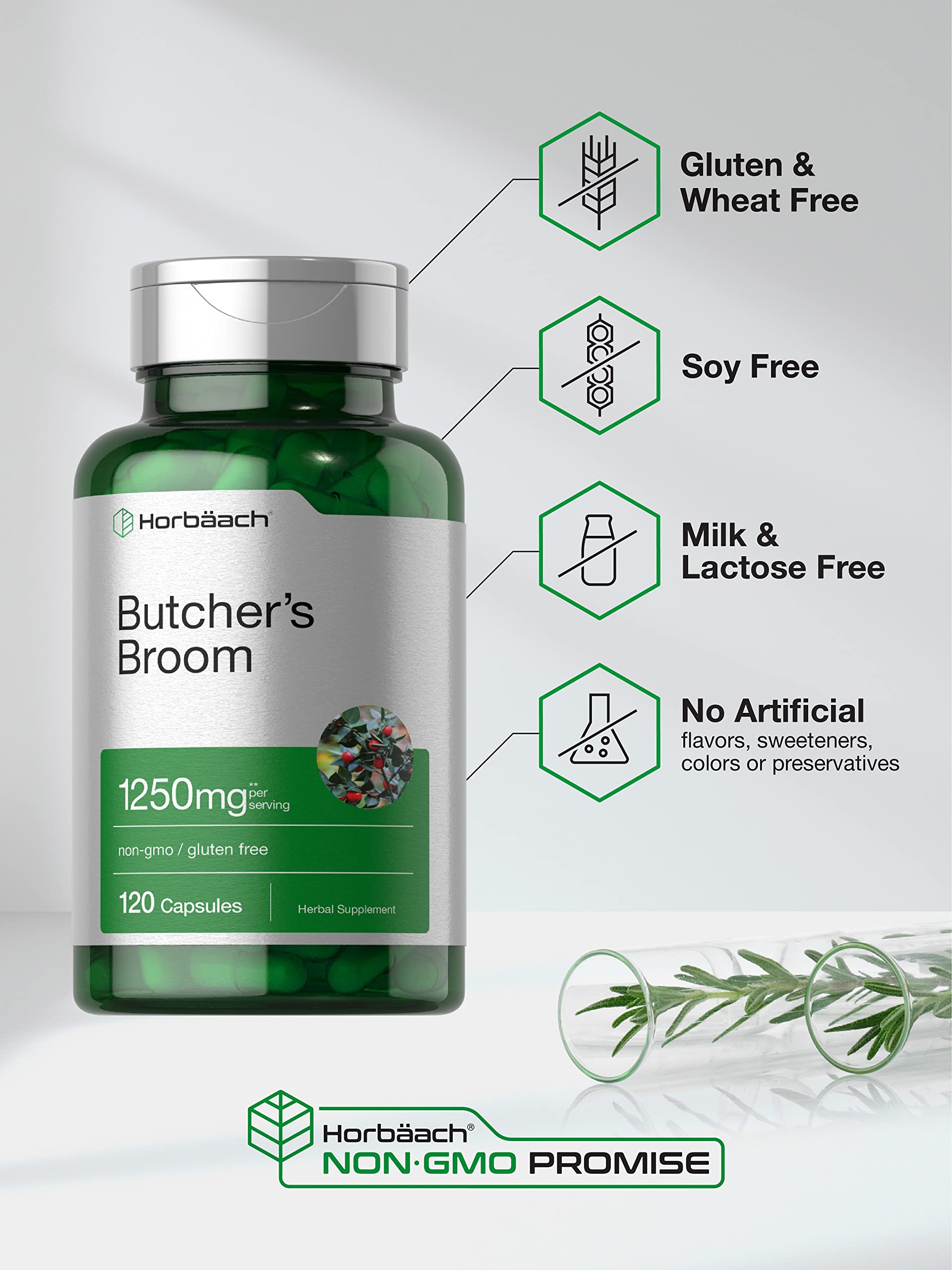 Butchers Broom Capsules 1250mg | 120 Count | Non-GMO, Gluten Free | Traditional Herb HorbäachAu supplements