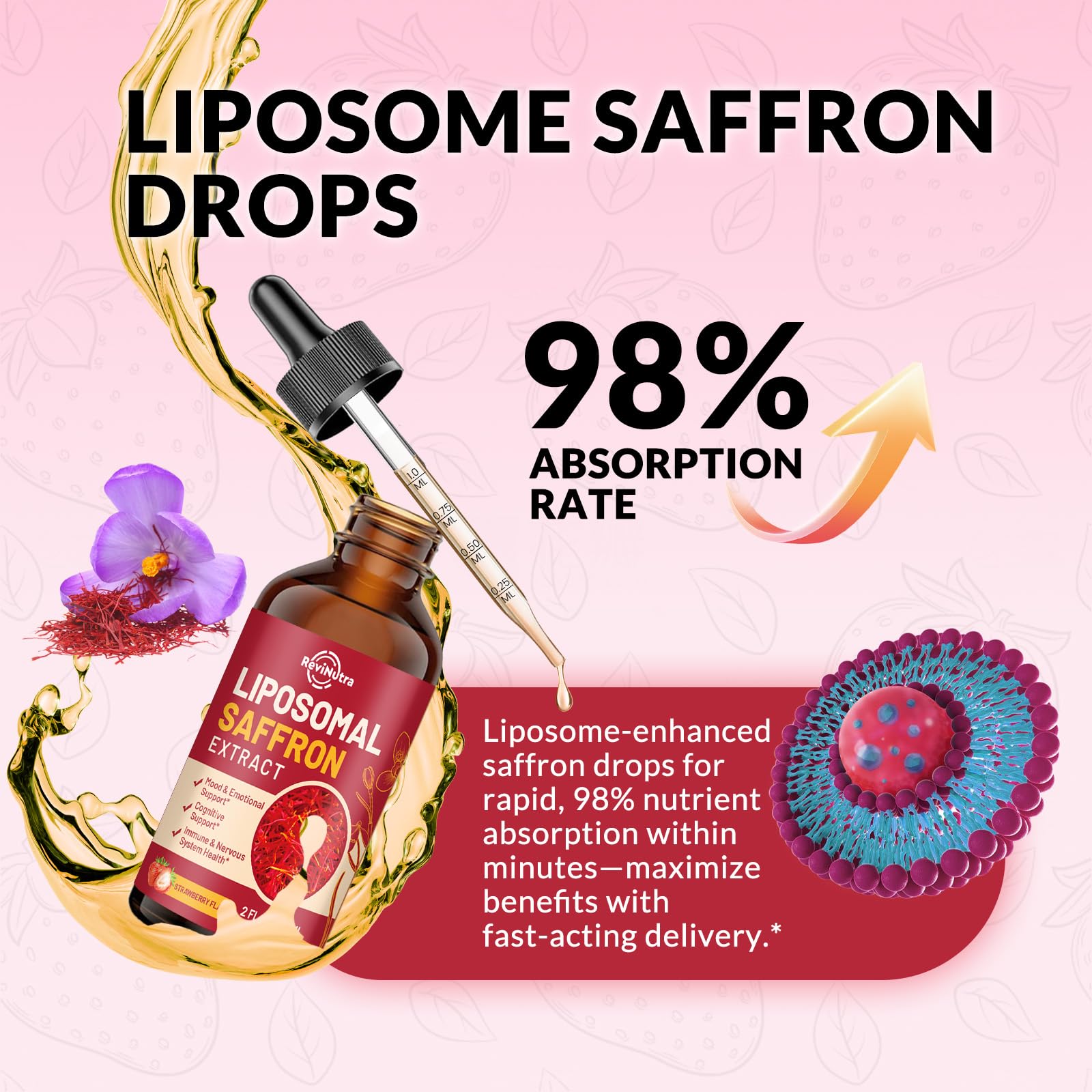 Saffron Supplements - 88.5mg Saffron Extract Liposomal Liquid Drops with Magnesium, Zinc, Ashwagandha, L-Theanine, Vitamin B6, D3 for Antioxidant Mood Energy Vision & Focus, Strawberry Flavor 2 Fl Oz ReviNutraAu supplements