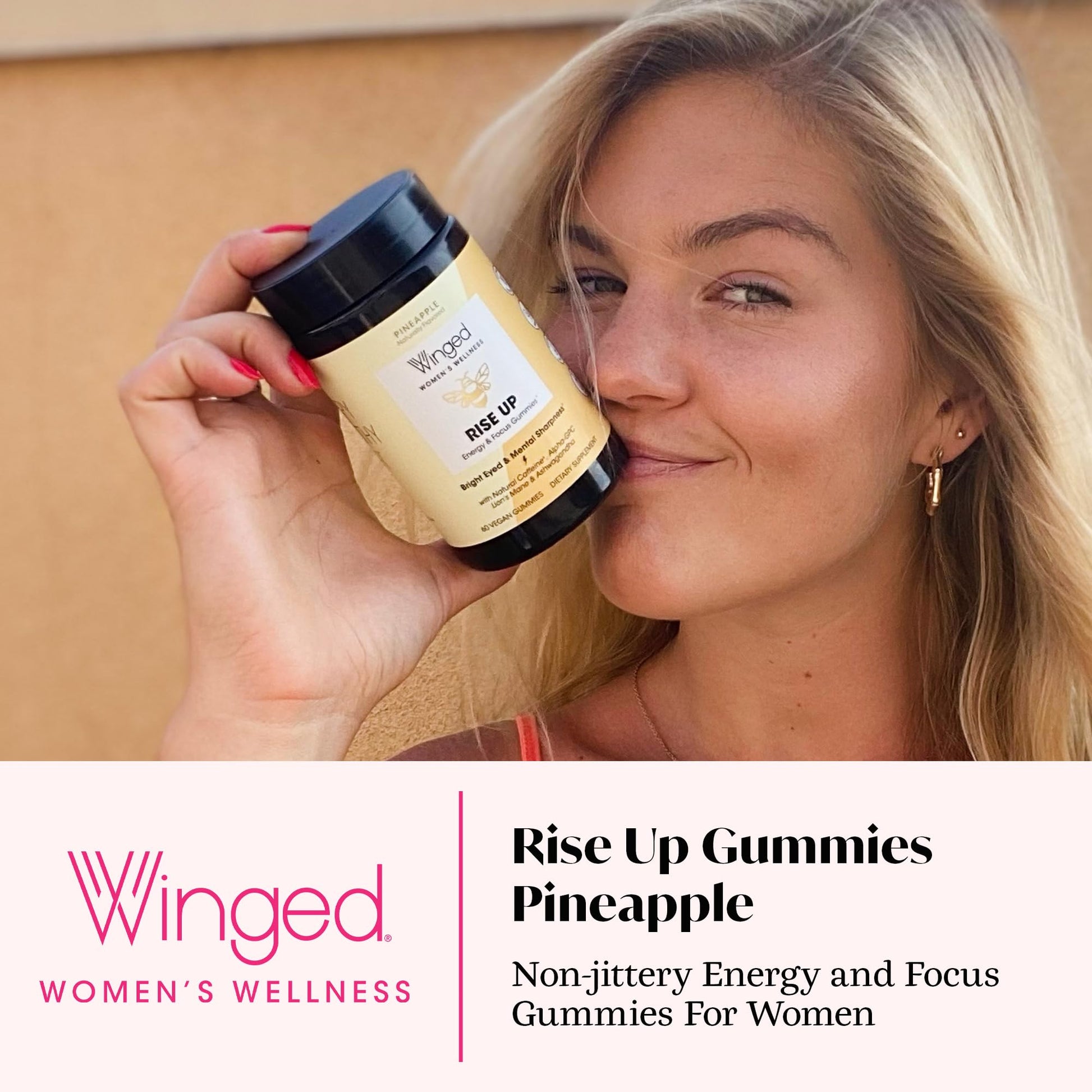 Winged Wellness Rise Up, Energy & Focus Gummies for Women - Daily Brain Boost Gummy Supplement with Natural Caffeine, Ashwagandha, B12, Nootropics Alpha-GPC & Lion’s Mane - Pineapple, 60 Gummies Winged WellnessAu supplements