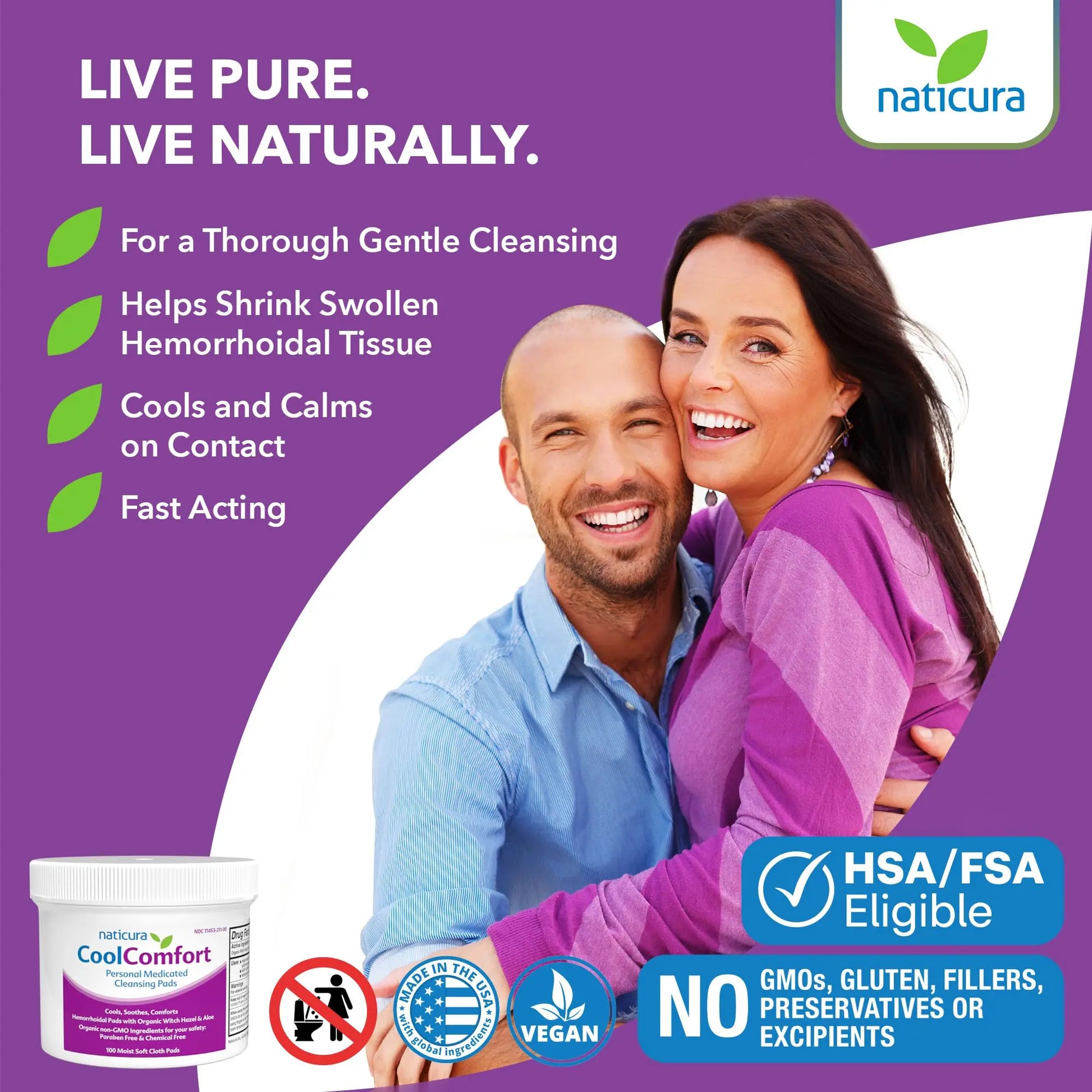 CoolComfort Personal Cleansing Pads with Organic Witch Hazel and Aloe Vera - All Natural and Fast Acting Wipes for Hemorrhoid Burning, Itching, Pain and Swelling - 100 Pads - No Parabens - Made in USA NaticuraAu supplements