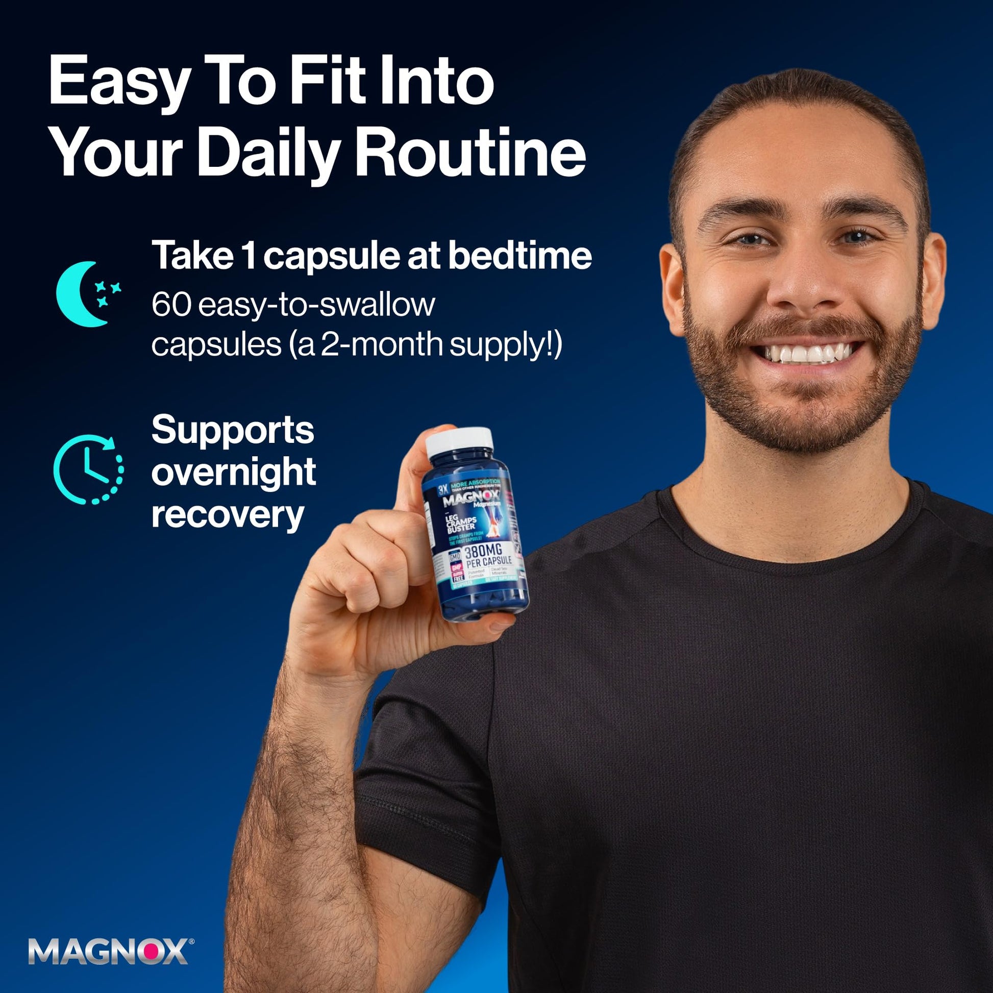 MAGNOX® Buster | Patented Clinically Tested 380mg Magnesium Supplement for Spasms & Leg Cramps at Night | One Capsule a Day for Almost Full Dosage | 3X More Absorption | Dead Sea Minerals (60 Caps) MAGNOXAu supplements