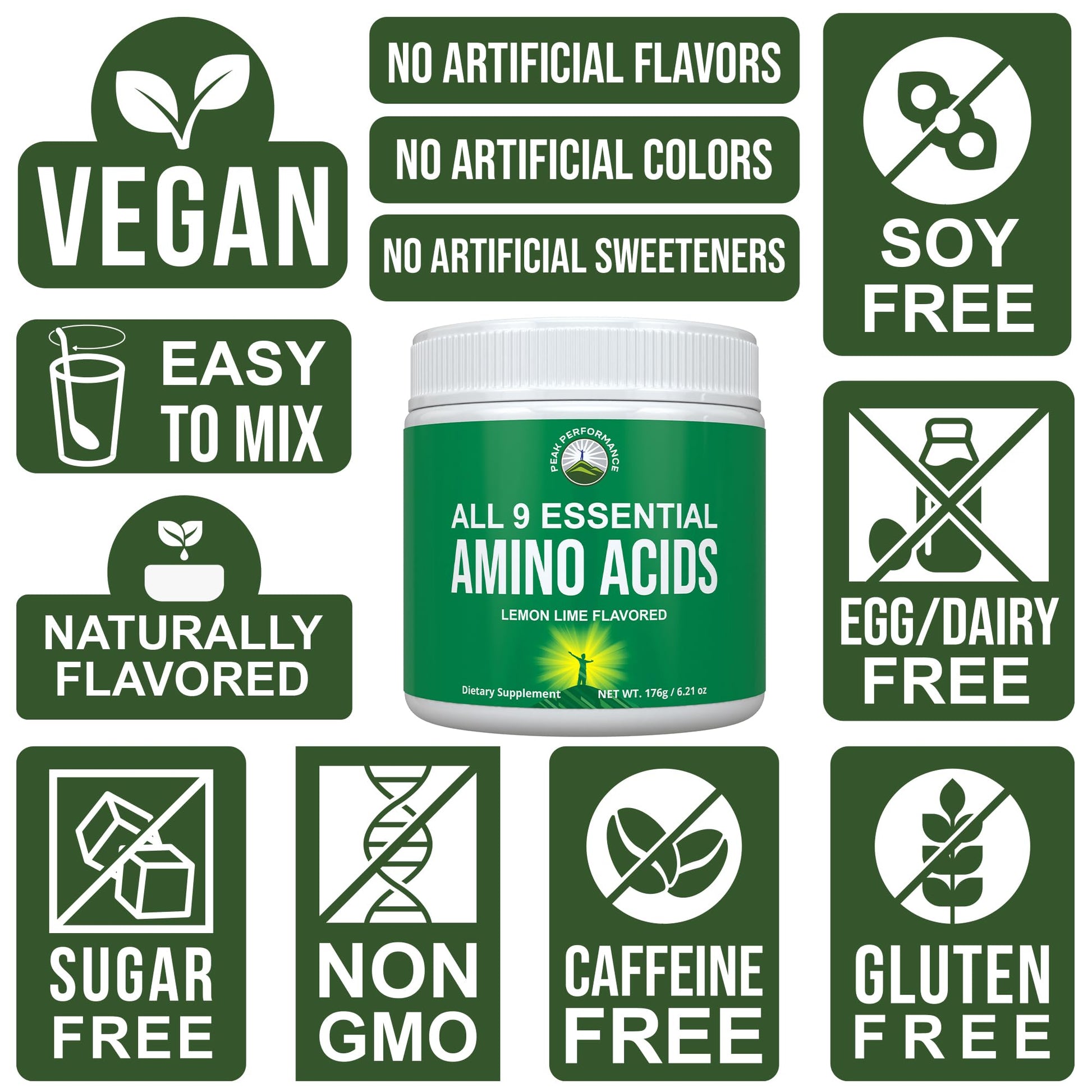 All 9 Essential Amino Acids Powder. Pre + During + Post Workout with EAAs + BCAAs for Energy, Muscle Growth, and Recovery. Non-GMO BCAA and EAA Powders for Men + Women. 3rd Party Tested. Lemon Lime Peak PerformanceAu supplements