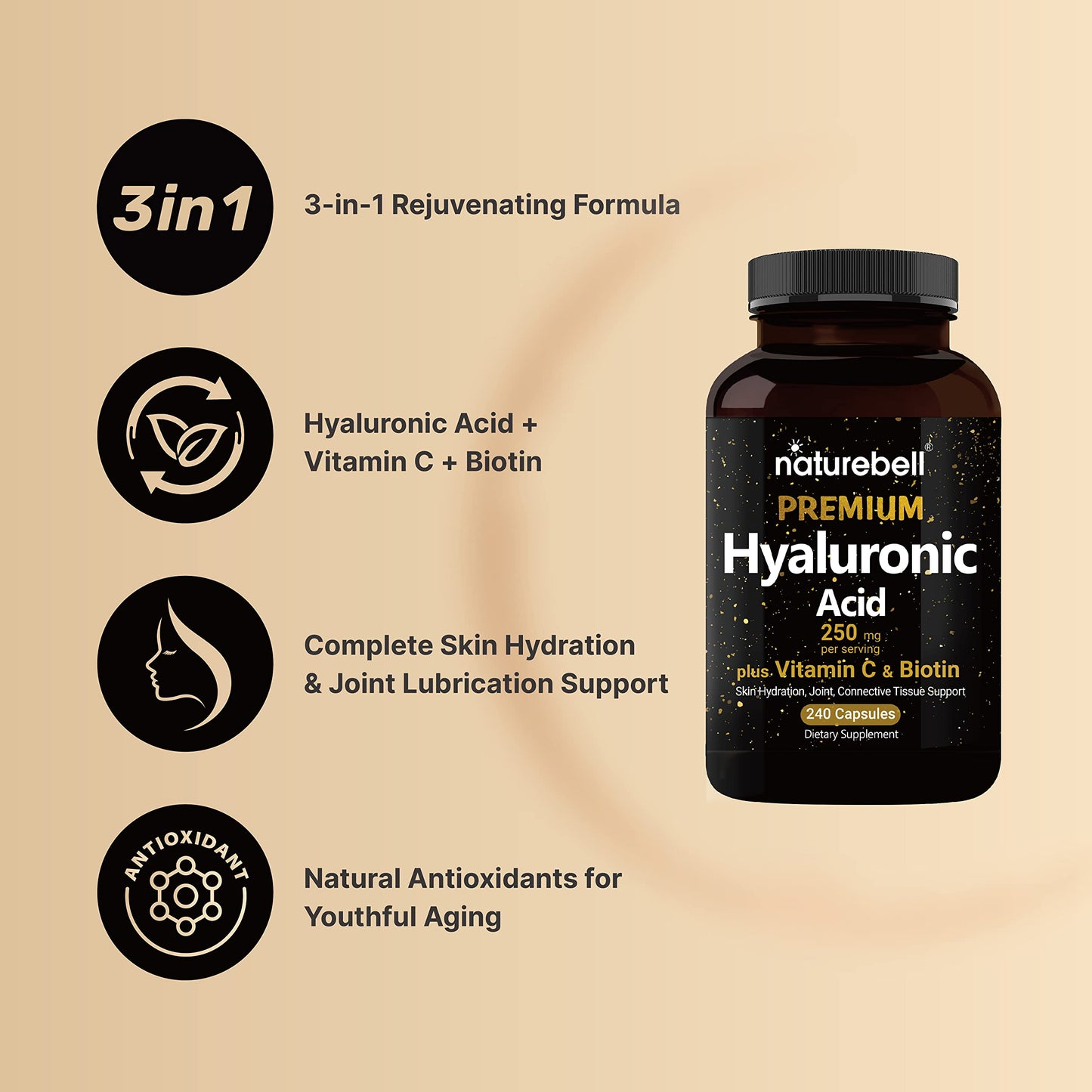 NatureBell 2 Pack Plant Based Hyaluronic Acid Supplements 250mg with 25mg Vitamin C NatureBellUS supplements