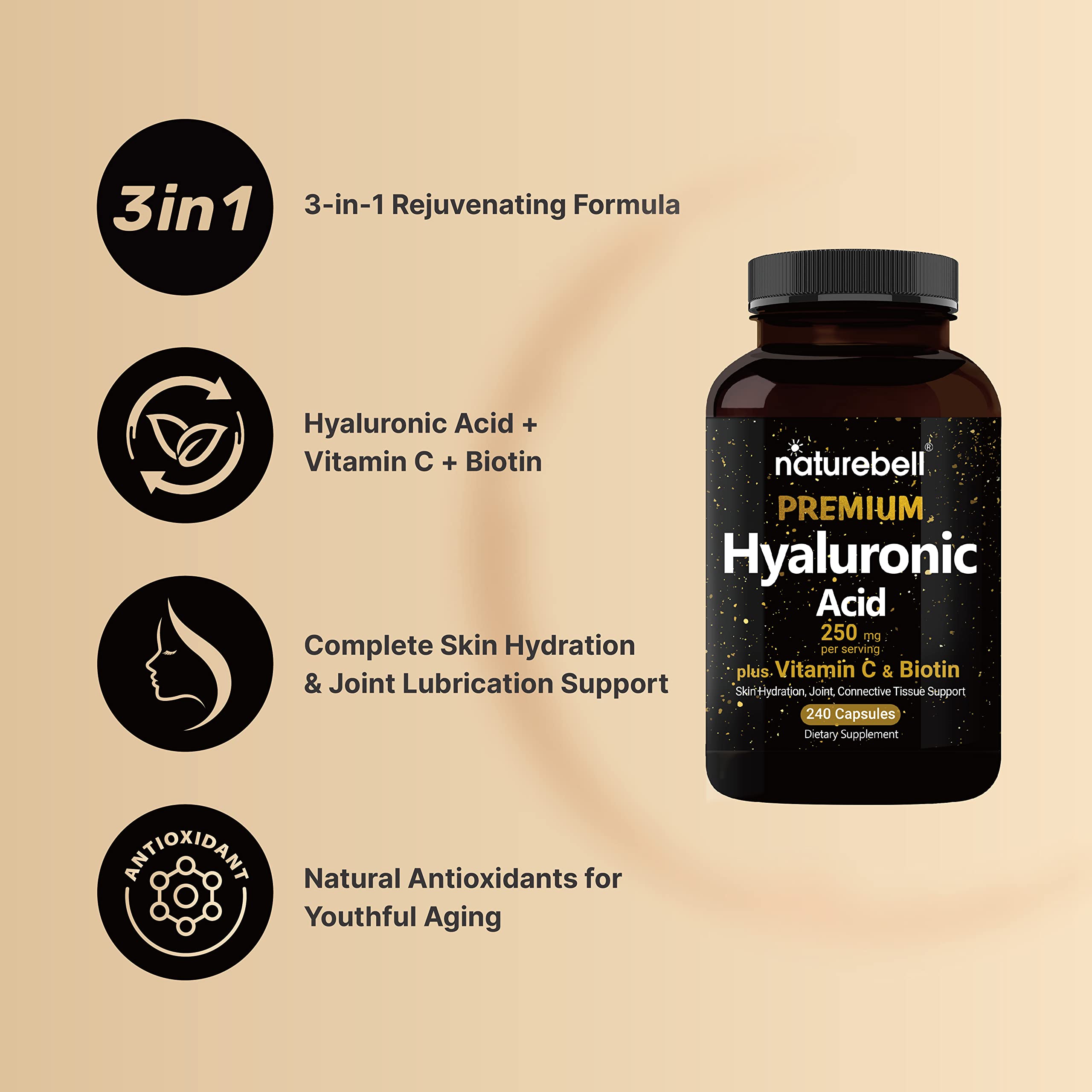NatureBell 2 Pack Plant Based Hyaluronic Acid Supplements 250mg with 25mg Vitamin C NatureBellAu supplements