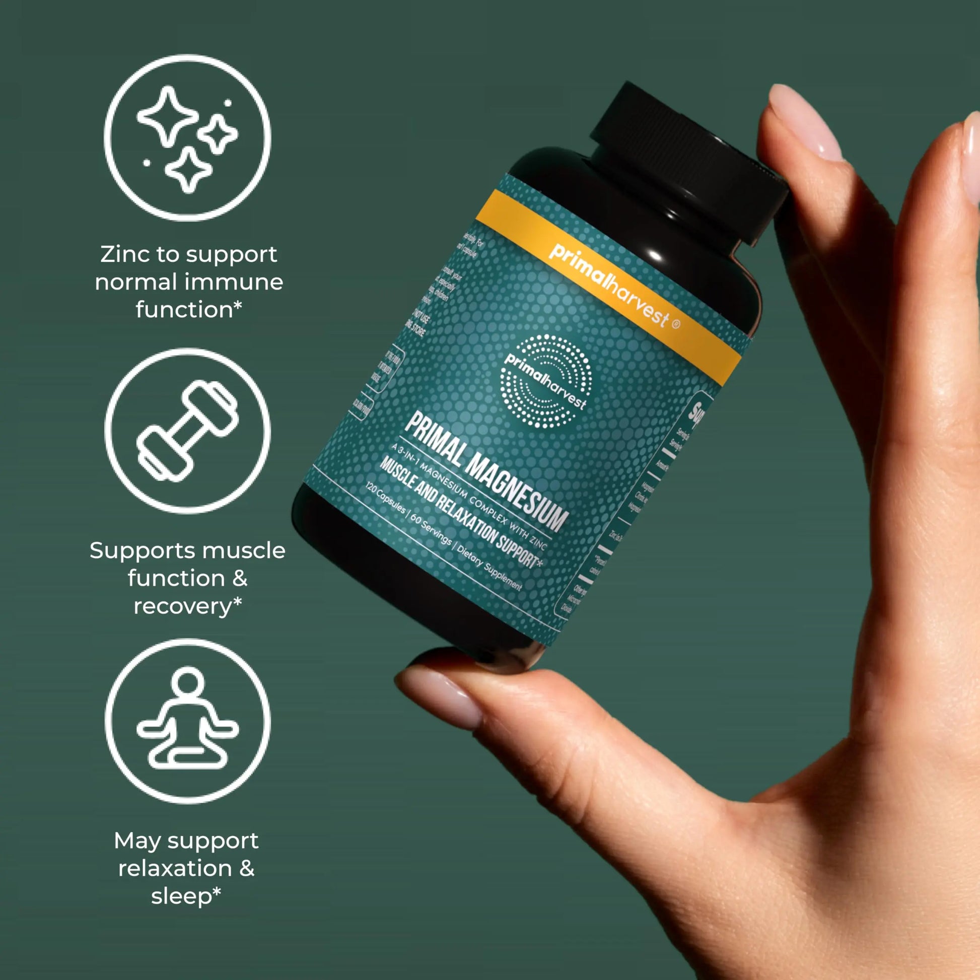 Magnesium Supplement Complex 310mg by Primal Harvest with Magnesium Glycinate, Citrate, Malate, and Zinc 120 Capsules Primal Harvestnz supplements