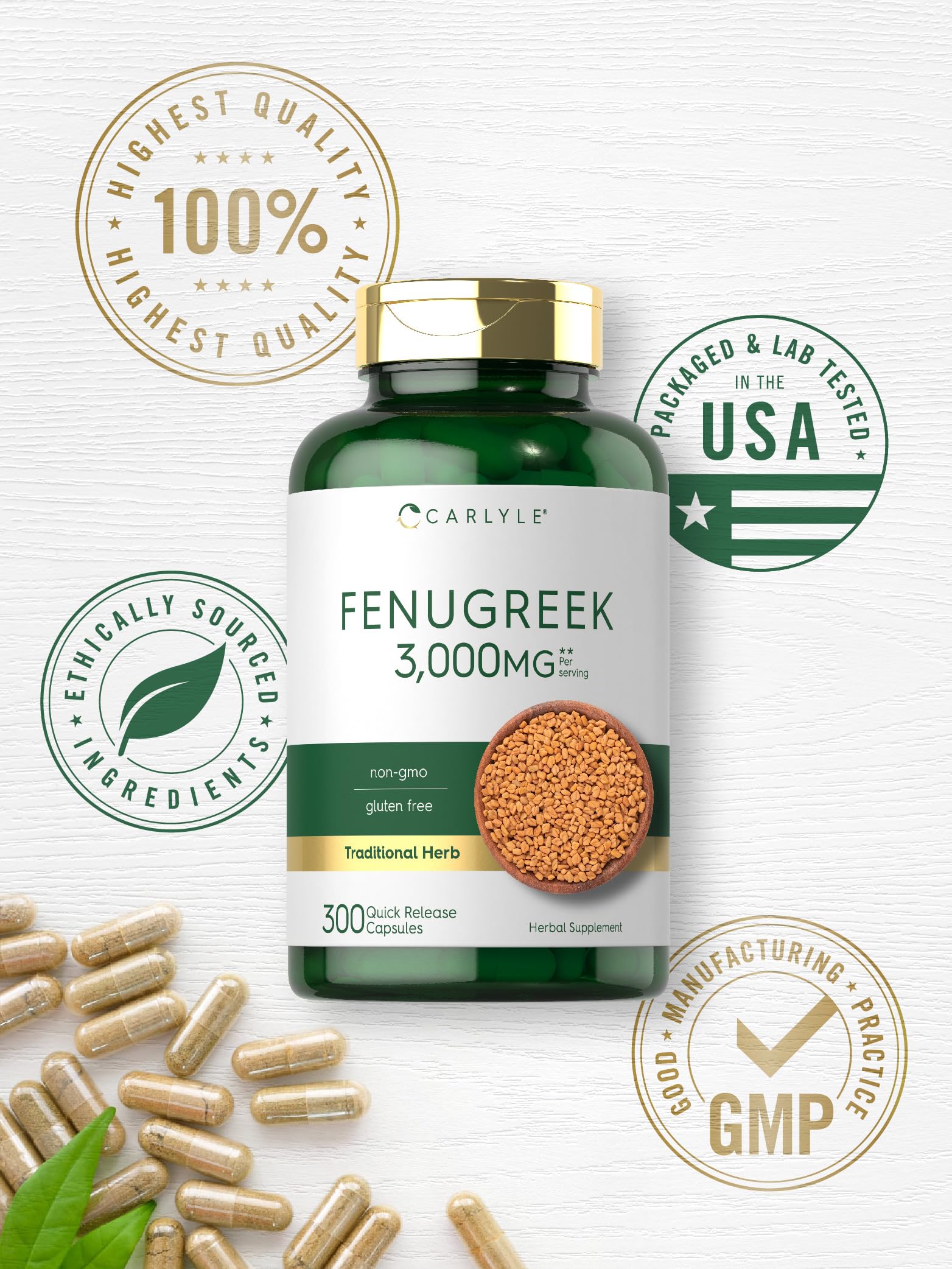 Carlyle Fenugreek Capsules 3000 mg | 300 Count | Non-GMO & Gluten Free Extract CarlyleAu supplements