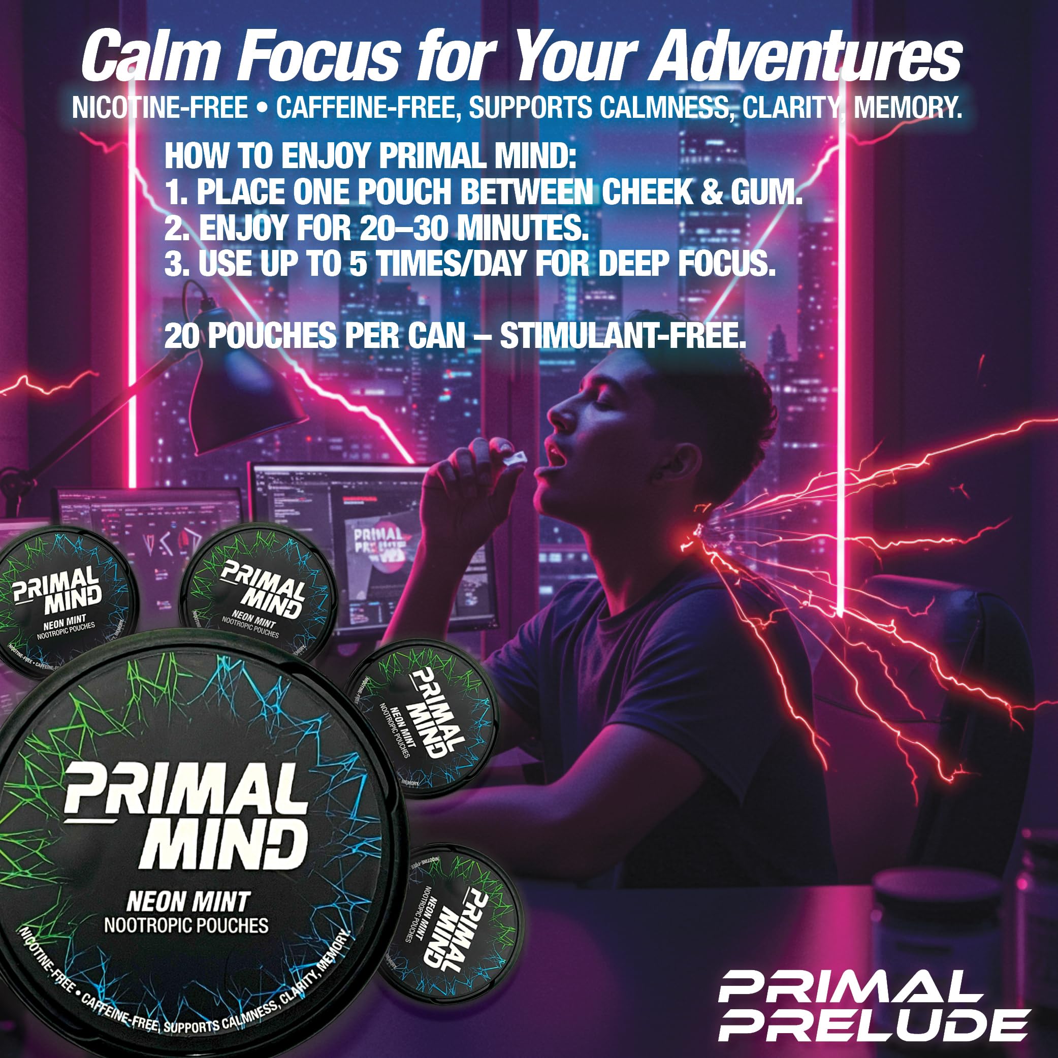 Nootropic Pouches - Primal Mind Caffeine Free Nootropics Pouches Made with Ginkgo Biloba & L-Theanine - Nicotine Free Brain Boost, No Sugar, Cognitive Support – 20 Pouches Per Can, 5 Pack (Neon Mint) Primal PreludeAu supplements