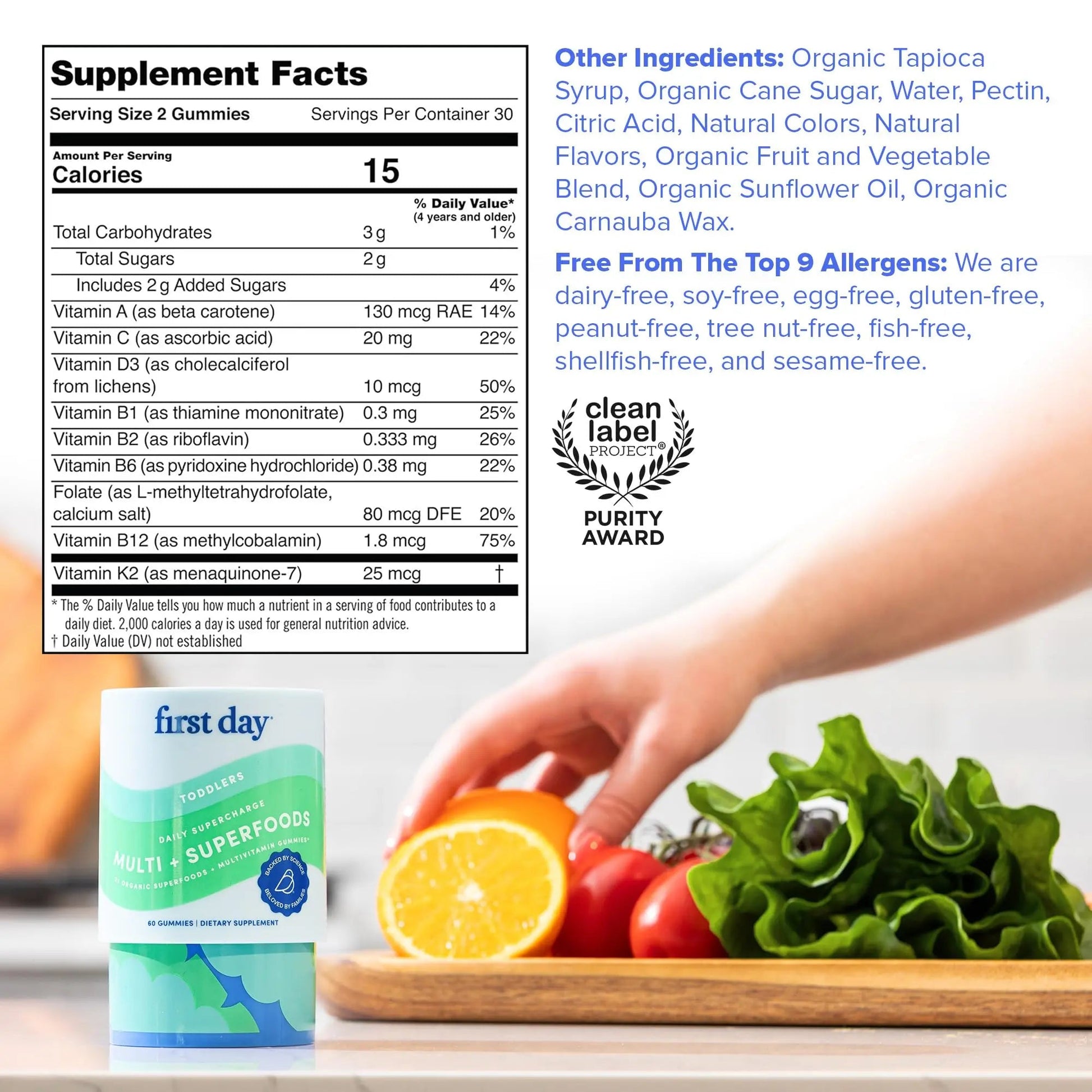 FIRST DAY Toddler Multivitamin Gummies (Ages 2-3)| Kids Multivitamin Gummies with Vitamins A C D3, B2, B12, Choline, Folate and 21 Organic Superfoods| (30 Day Supply) FIRST DAYAu supplements