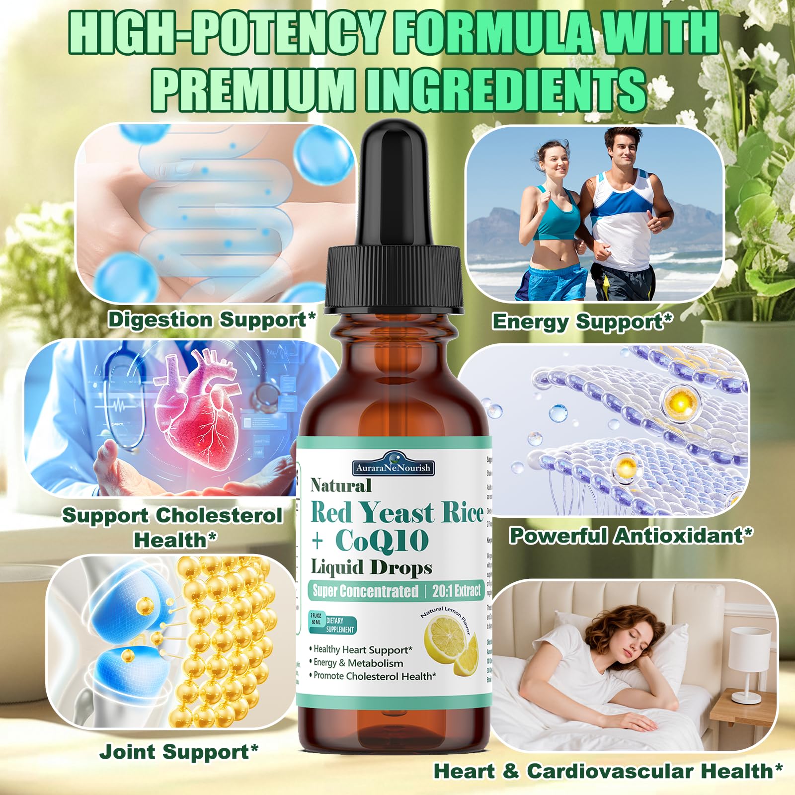 Liposomal Red Yeast Rice with Coq10 Liquid Drops, 5-in-1 Extra Strength 1200mg Cholesterol & Heart Support w. Citrus Bergamot Alpha Lipoic Acid | Cholesterol Lowering Supplement | GMO & Citrinin Free AuraraNeNourishAu supplements