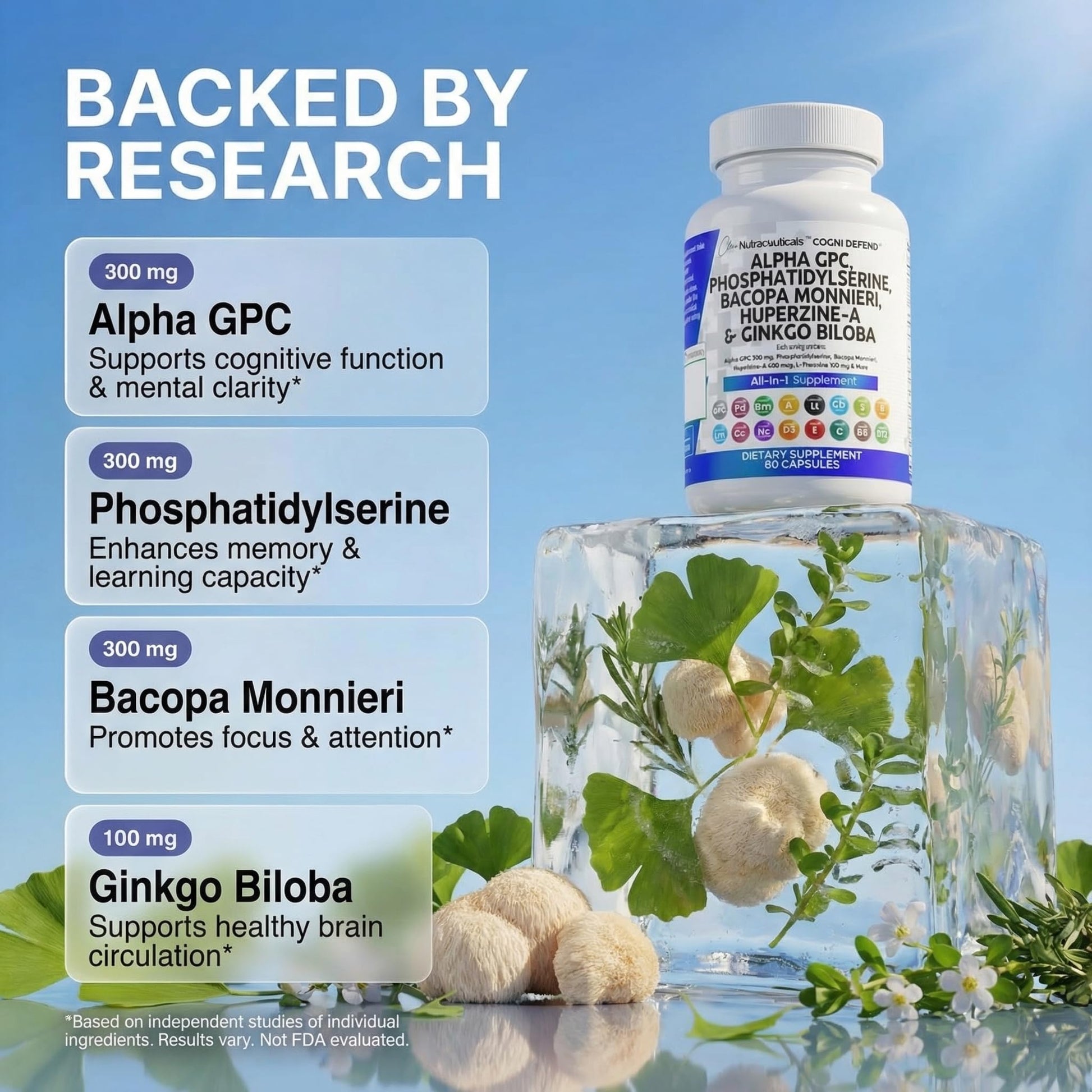 Brain Supplement Alpha GPC 300mg Phosphatidylserine Bacopa Monnieri Ginkgo Biloba Lions Mane Huperzine A L-Theanine NAC Nootropic Memory Focus Cognitive Support Vitamins B C D E 60 Capsules USA Clean NutraceuticalsAu supplements
