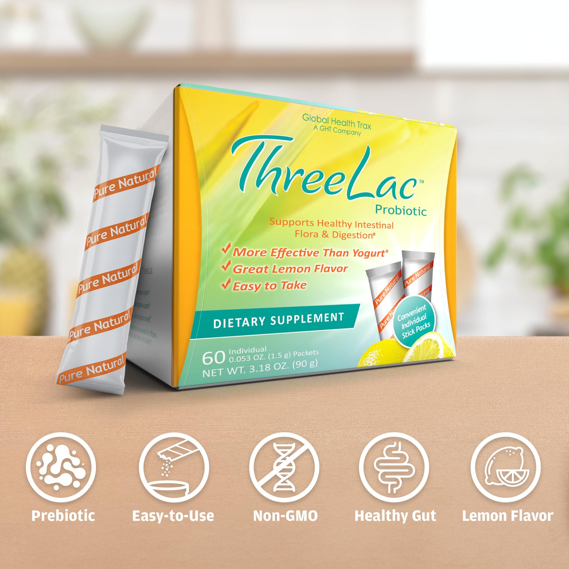 Global Health Trax ThreeLac Lemon Probiotic Drink Mix for Digestive Health - Advanced Probiotic Powder Formula for Men, Women, and Kids - Immune Support & Gut Balance, Non-GMO - 120 Packets ght Global Health TraxAu supplements
