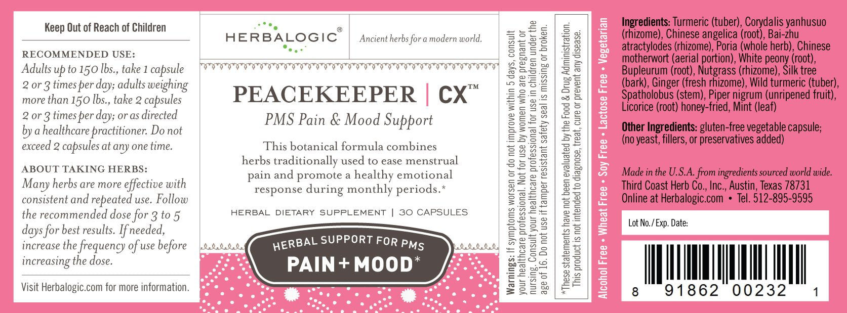 Herbalogic - Peacekeeper CX Herb Capsules - Reduces PMS Related Mood Swings - Reduces Cramps & Pain Associated with Monthly Periods - Contains Turmeric & Corydalis - 30 Cap Count HerbalogicAu supplements