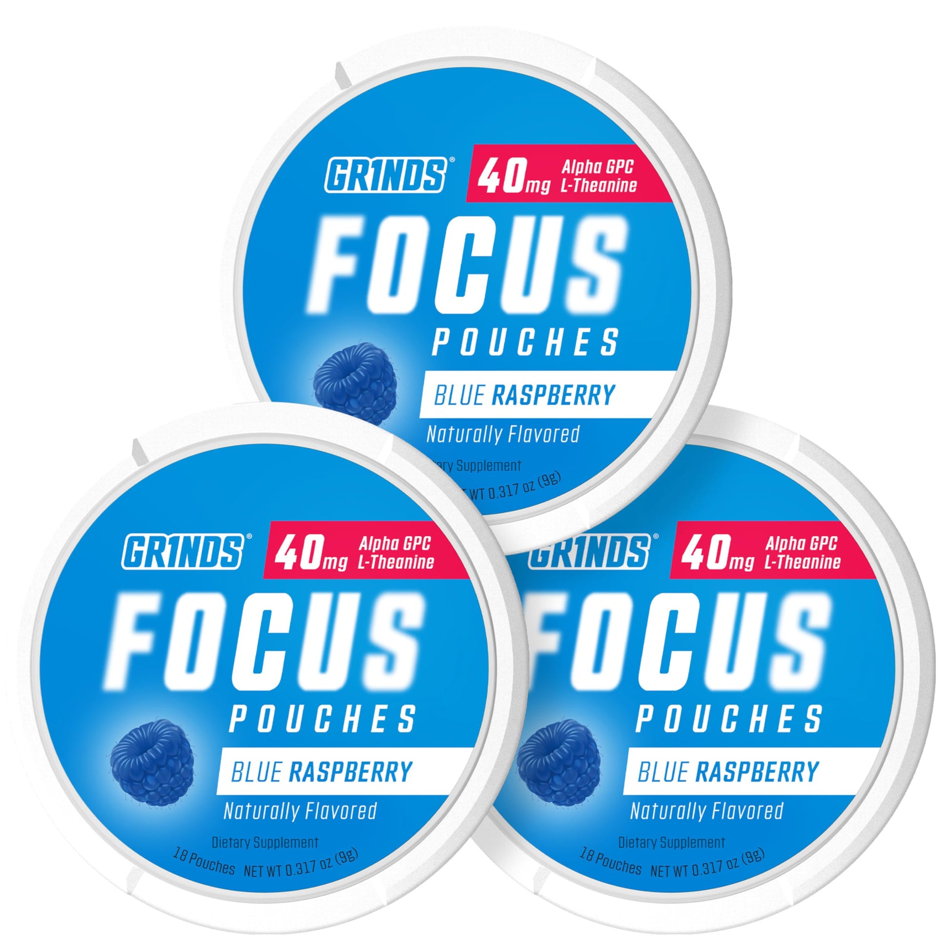GRINDS Focus Pouches - Naturally Flavored with Nootropic Ingredients - Contains Alpha GPC and L-Theanine - Nicotine-Free, Sugar-Free - 3 Pack, 18 Pouches Per Can - Blue Raspberry GRINDSAu supplements