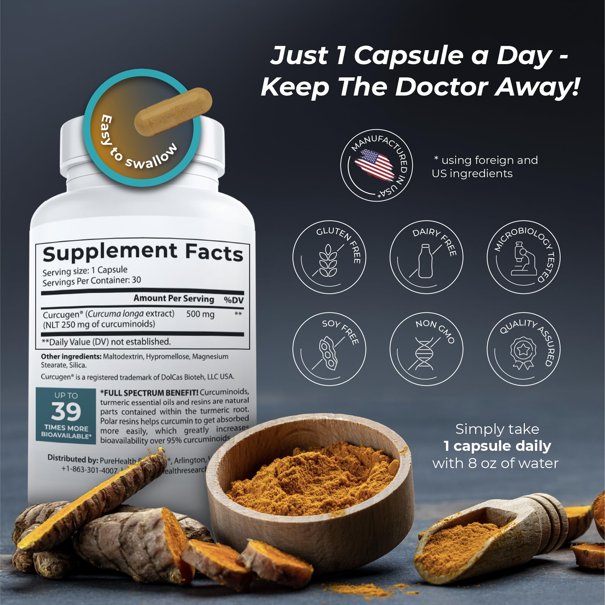 PUREHEALTH RESEARCH Curcumin Extract - High Absorption Turmeric Supplement for Robust Immune Support - Joint Support for Overworked Joints and Muscles - Powered by Curcugen x39 Bioavailable - 1 Bottle PUREHEALTH RESEARCHAu supplements
