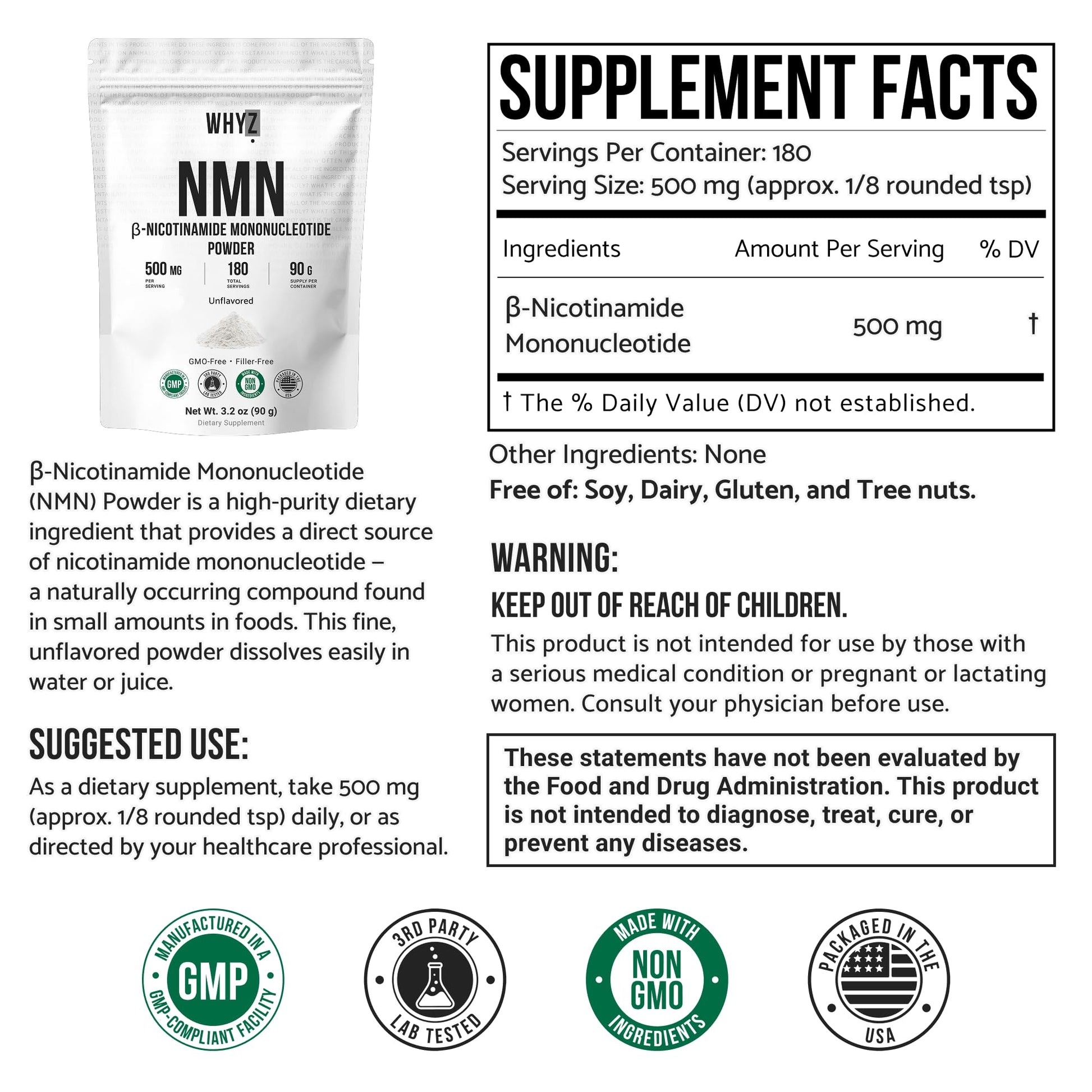 Pure NMN Powder Nicotinamide Mononucleotide Quick Dissolved NMN Supplement Powder 100% Unflavored NMN Supplement Supports NAD+ Levels Vegan Friendly Non-GMO, 90g WHYZAu supplements