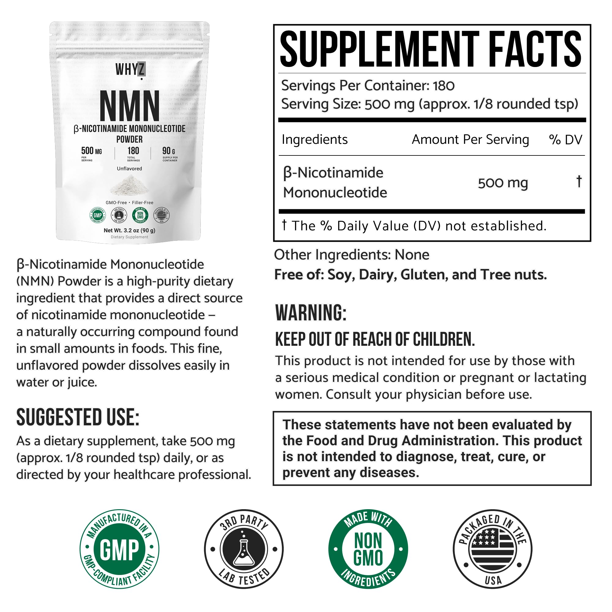 Pure NMN Powder Nicotinamide Mononucleotide Quick Dissolved NMN Supplement Powder 100% Unflavored NMN Supplement Supports NAD+ Levels Vegan Friendly Non-GMO, 90g WHYZAu supplements