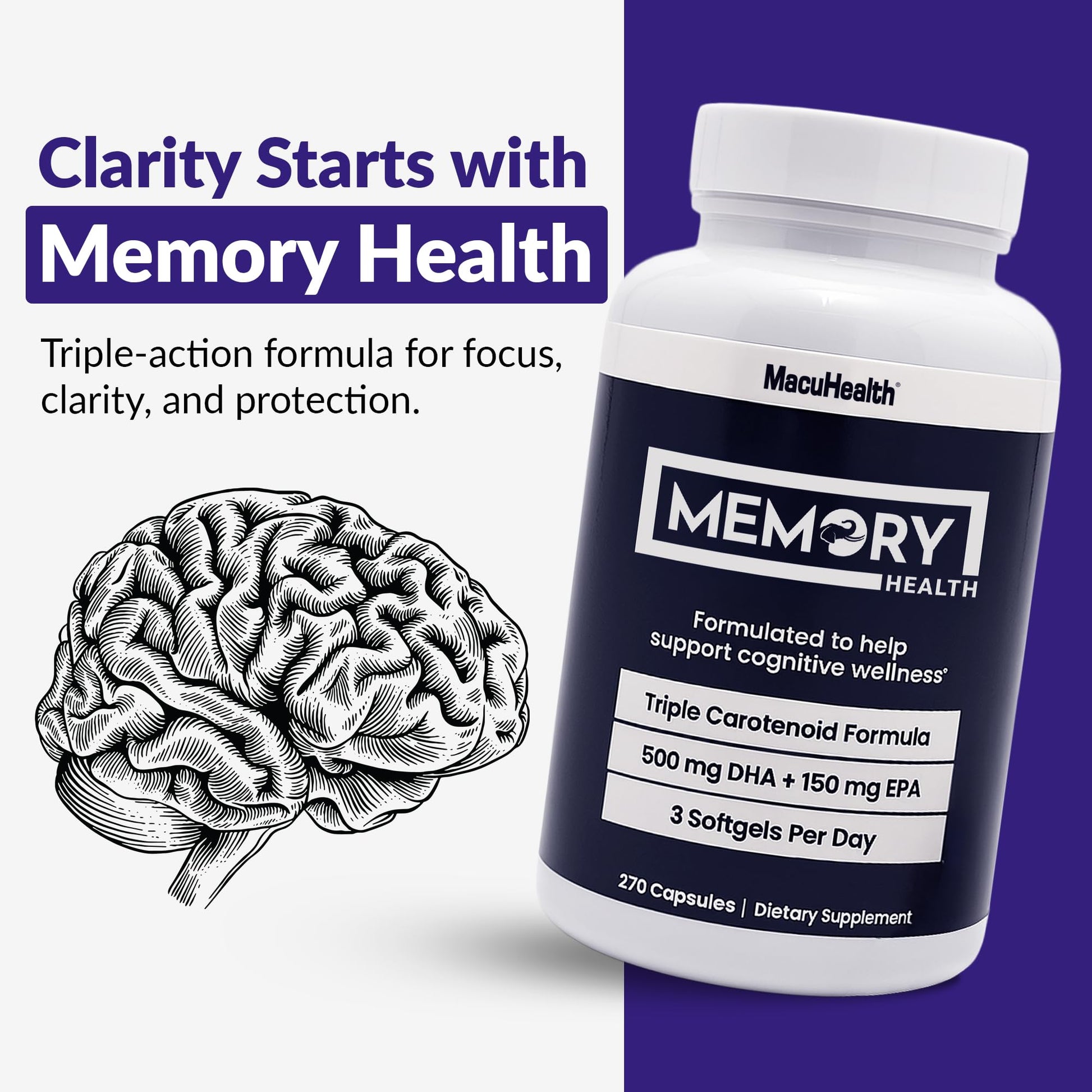 Memory Health Softgels with Omega-3, Carotenoids, and Vitamin E – Designed for Mental Focus, Energy, and Enhanced Clarity - (270 Softgels, 90 Days Supply) MacuhealthAu supplements