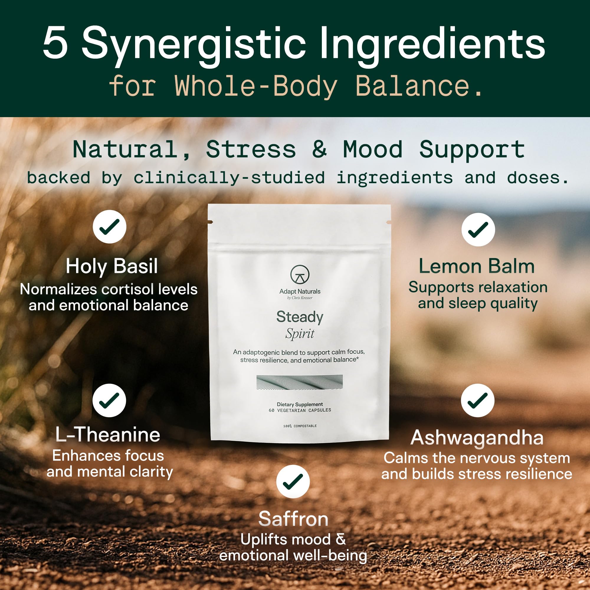 Adapt Naturals Steady Spirit Stress, Anxiety & Mood Support Supplement for Women and Men with Ashwagandha, L-Theanine, Holy Basil, Saffron, and Lemon Balm - Stress Relief Supplement - 30 Day Supply ADAPT NATURALS BY CHRIS KRESSERAu supplements