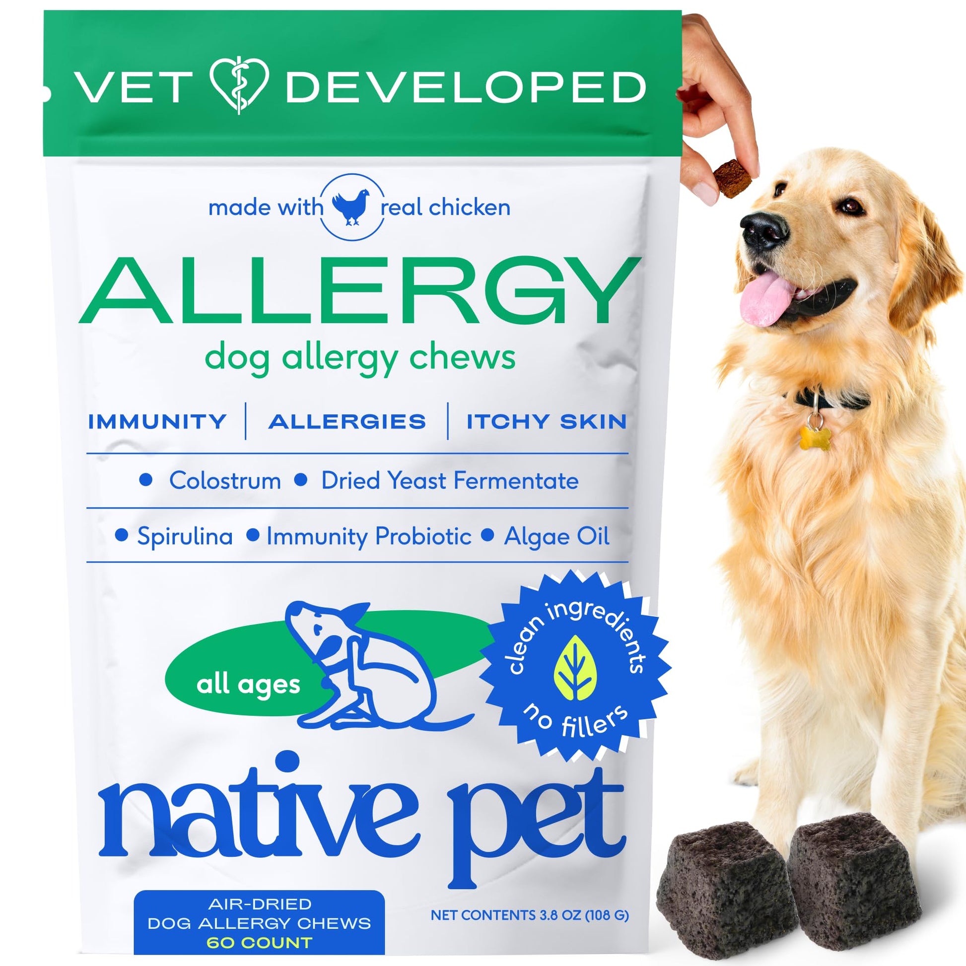 Native Pet Dog Allergy Chews - Dog Allergy Relief for Medium Breeds - Supports Seasonal Itch Relief, Healthy Immune Function & Reduces Sneezing - Colostrum, Spirulina, & Probiotics - 30 Days Supply Native PetAu supplements