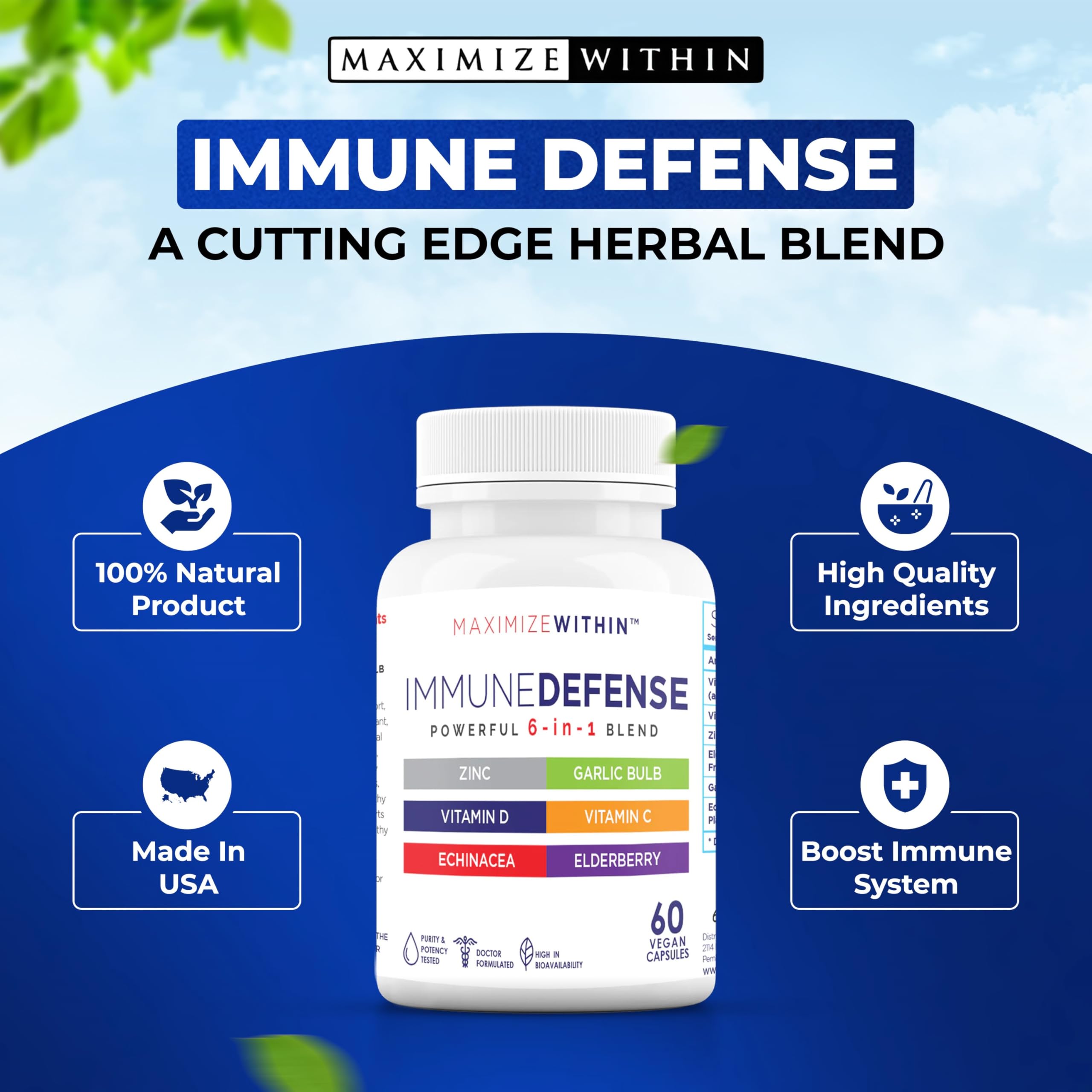Maximum Slim Powerful 6-in-1 Immune Support Supplement with Zinc, Vitamin C, Elderberry, Vitamin D, Echinacea, & Garlic, 60 Count Maximum SlimAu supplements
