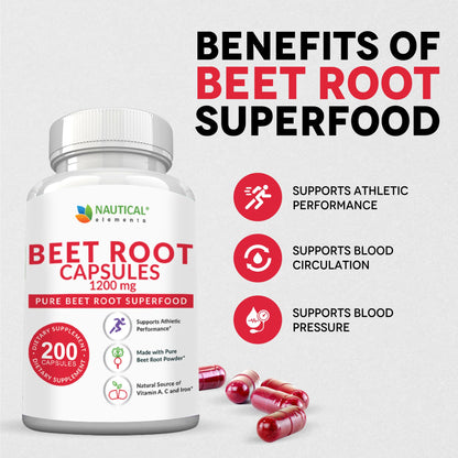 Beet Root Capsules - 1200mg Per Serving - 200 Beet Root Powder Capsules - Beetroot Powder Supports Blood Pressure, Athletic Performance, Digestive Nautical ElementsUS supplements