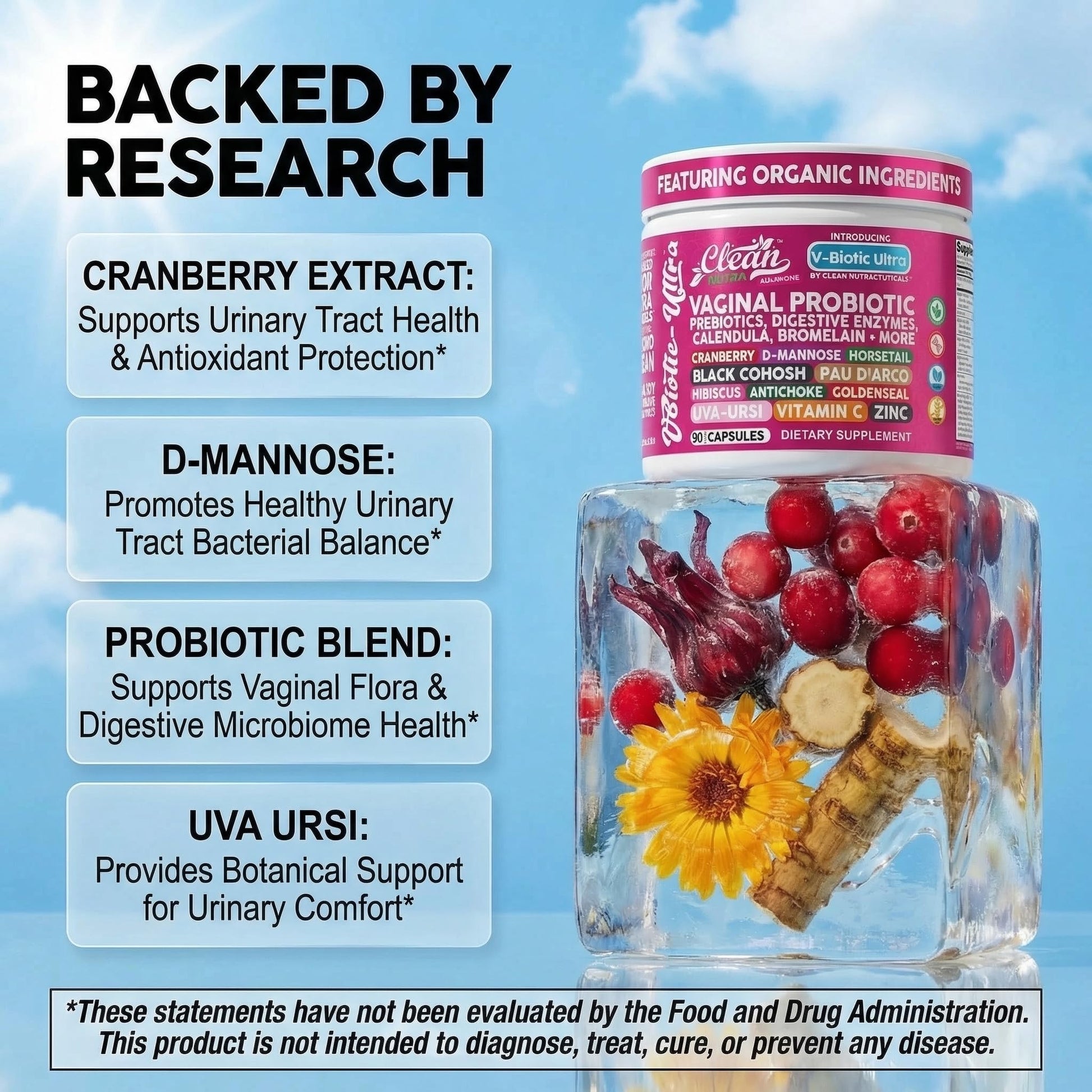 Clean Nutra Vaginal Probiotics for Women + Prebiotics Digestive Enzymes Bromelain Cranberry D Mannose Horsetail Black Cohosh Artichoke Hibiscus Flowers Probiotic for Digestive Health 90 Vegan Capsules Clean NutraceuticalsAu supplements