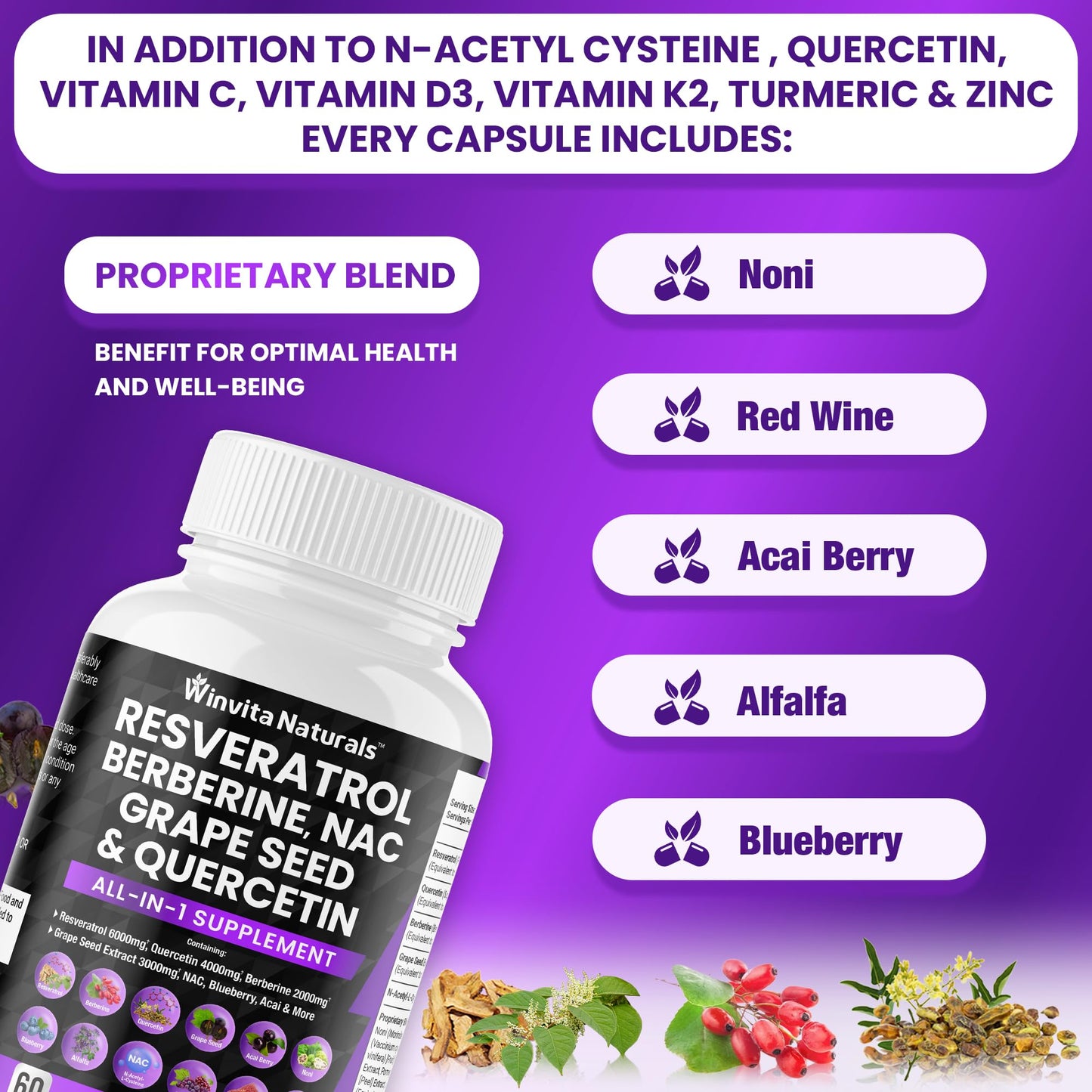 Resveratrol 6000mg Quercetin 4000mg Berberine 2000mg Grape Seed Extract 3000mg Winvita NaturalsUS supplements