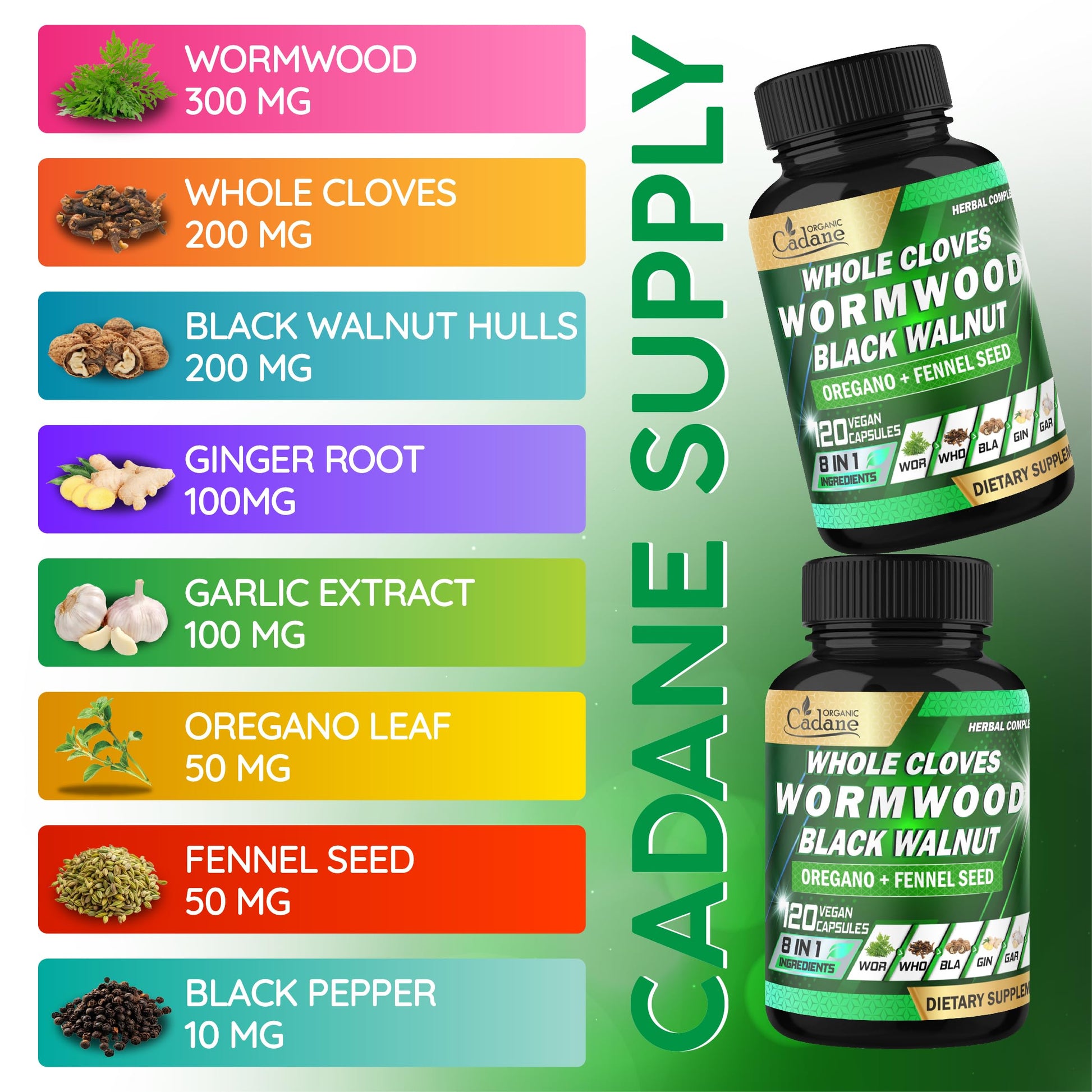 Cadane Wormwood Whole Cloves Black Walnut with Ginger, Garlic, Oregano, Fennel & Black Pepper | Digestive & Wellness Support | 120 Capsules – 60-Day Organic CadaneAu supplements