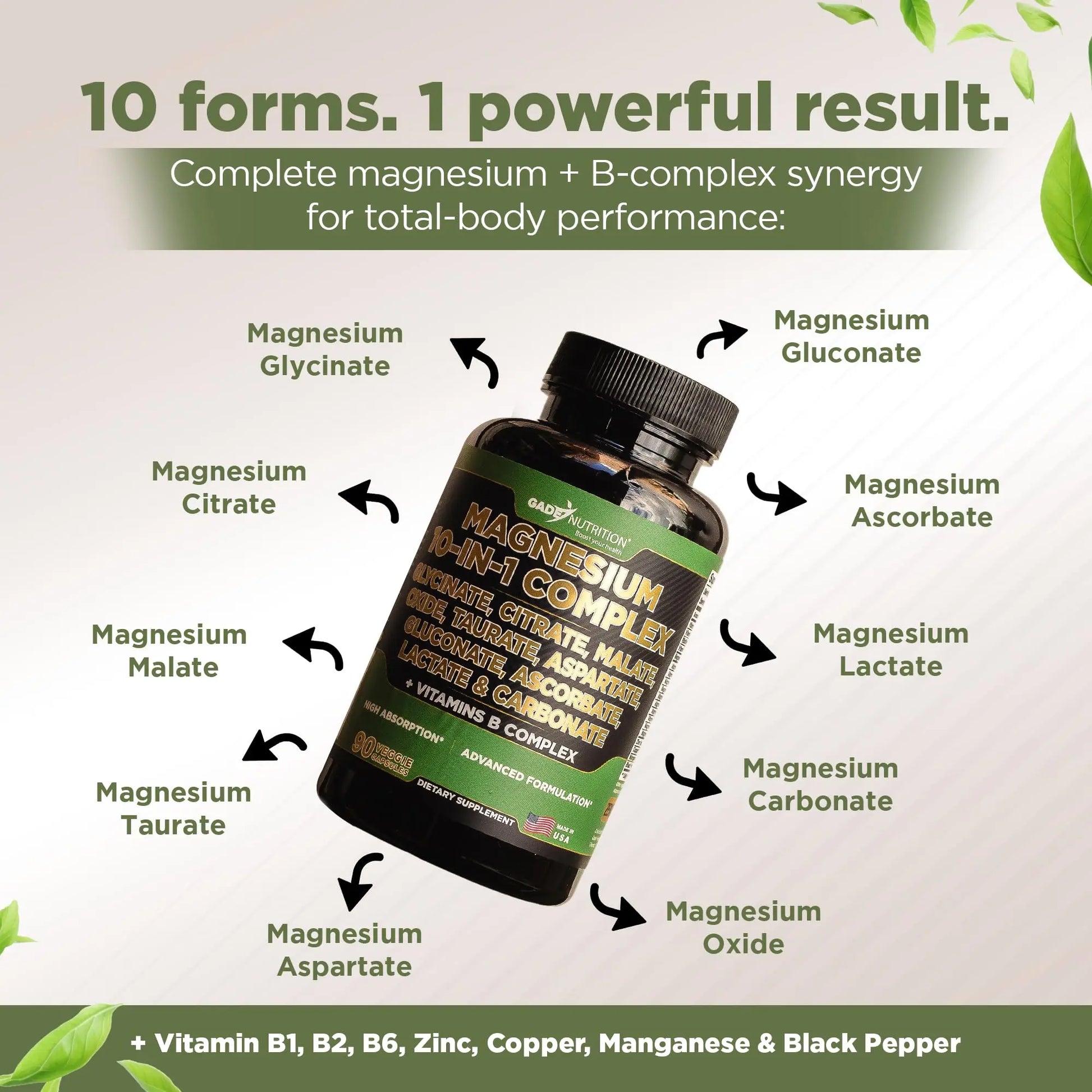 Gade Nutrition Magnesium Complex 10 in 1 - Glycinate, Citrate, Malate, Oxide, Taurate, Aspartate, Gluconate Ascorbate Lactate Carbonate Zinc Copper Manganese & Vitamins 90 Count GADE NUTRITION BOOST YOUR HEALTHnz supplements
