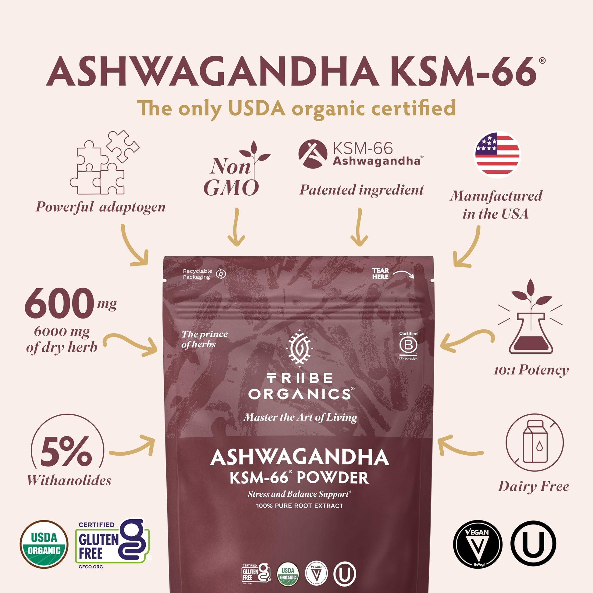 TRIBE ORGANICS KSM-66 Ashwagandha Root Extract Powder Ayurvedic Herb for Mood Support | Increase Energy | Strength - Organic | Natural | Gluten Free | Non GMO | Full-Spectrum - 100g Pouch TRIBE ORGANICSAu supplements