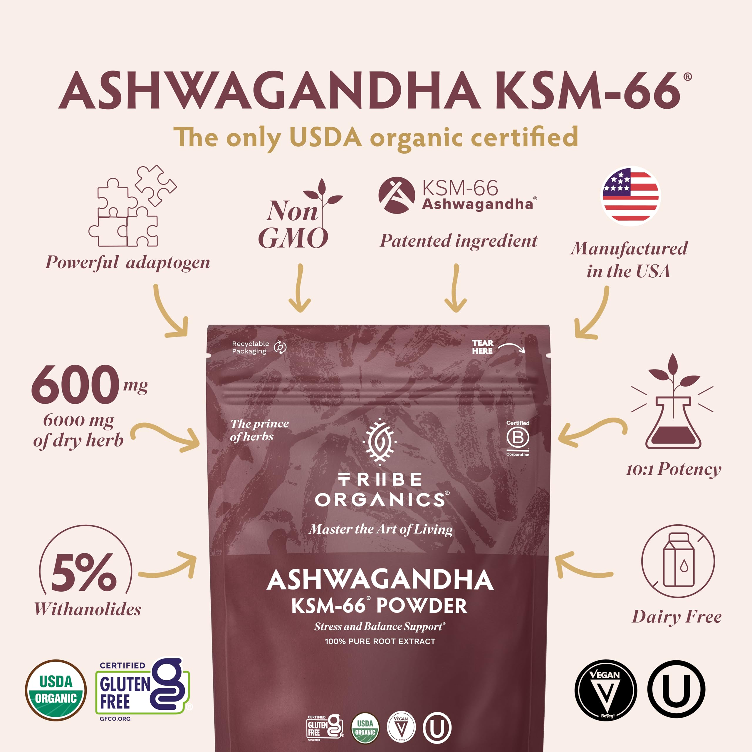 TRIBE ORGANICS KSM-66 Ashwagandha Root Extract Powder Ayurvedic Herb for Mood Support | Increase Energy | Strength - Organic | Natural | Gluten Free | Non GMO | Full-Spectrum - 100g Pouch TRIBE ORGANICSAu supplements