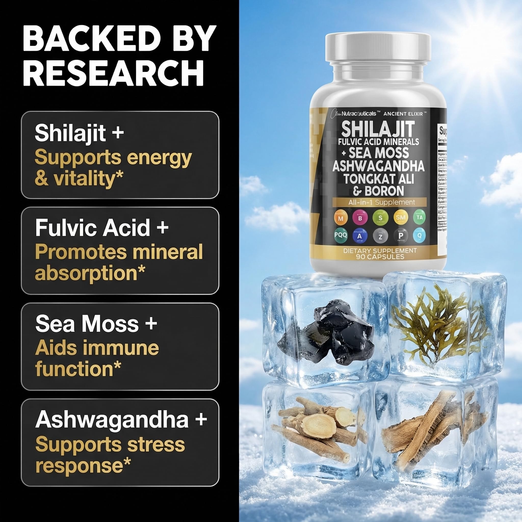 Clean Nutraceuticals Shilajit Supplement for Men with Sea Moss, Tongkat Ali, Ashwagandha, Boron, Zinc, CoQ10, PQQ - Fulvic Acid Capsules - Energy Support - 90 Count - Resin, Gummy & Powder Alternative Clean NutraceuticalsAu supplements