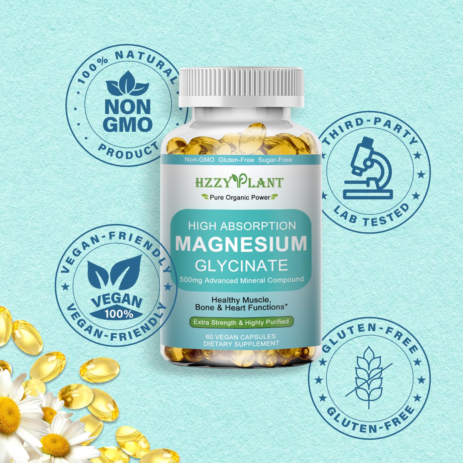 Magnesium Glycinate 500mg Softgels, High Absorption Magnesium Supplement Softgel Capsules for Muscle, Heart, Sleep & Bone Support, Stress Relief, Nerve Health & Metabolism, Non-GMO, 2 Month Supply HZZYPLANTAu supplements