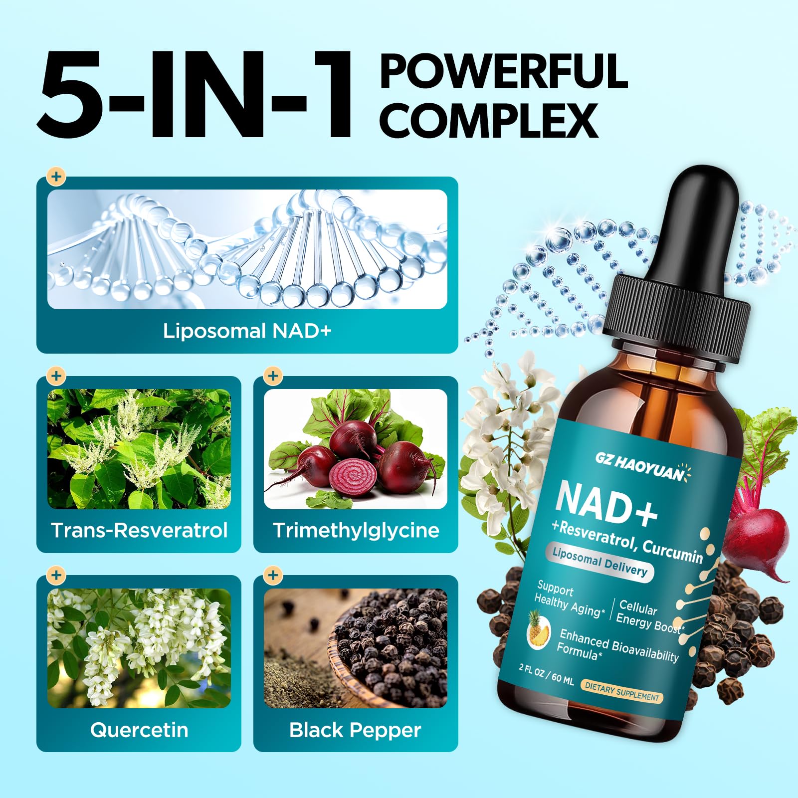 GZ HAOYUAN NAD Liquid Supplement for Women, Liposomal NAD+ Drops 1200MG with NAD Plus Resveratrol, Tmg, Quercetin, Anti-Aging, Cell Regeneration, Energy & Metabolism Support, Pineapple Flavor GZ HAOYUANAu supplements