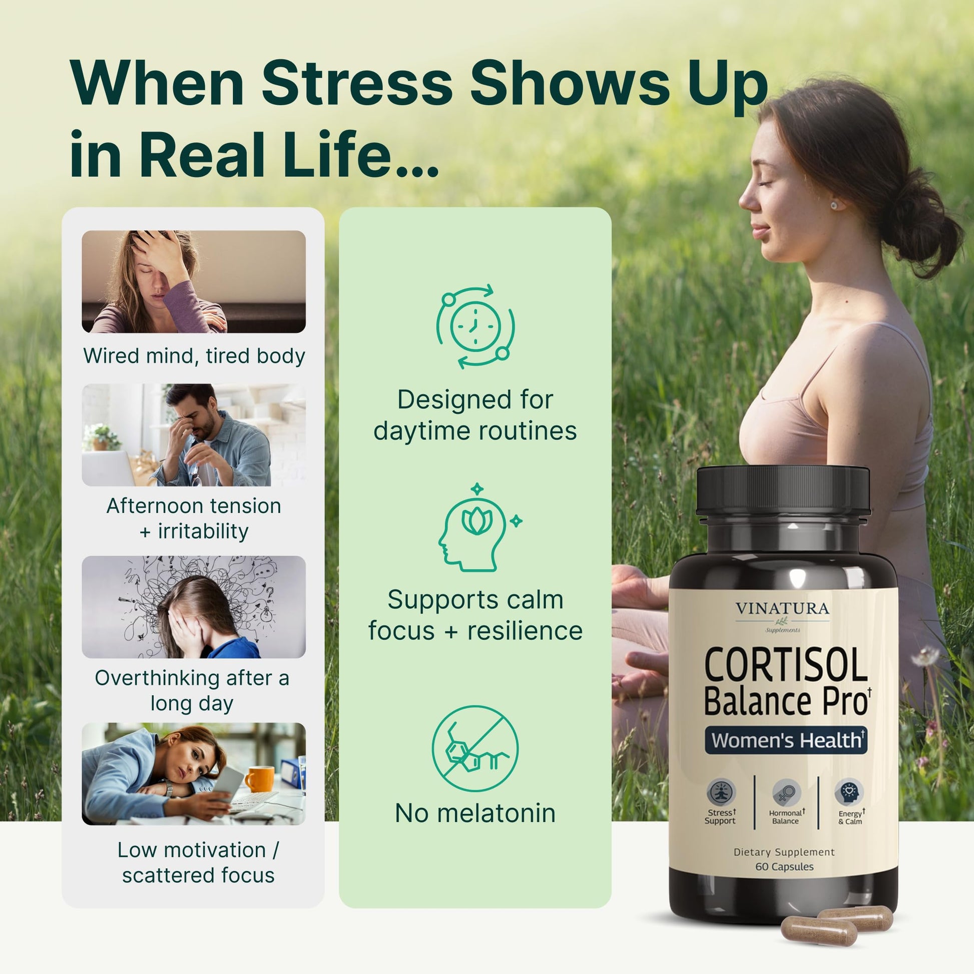 VINATURA Cortisol Supplements for Women - Cortisol Detox and Management - Adrenal Support, Stress Support, 60 Vegan Capsules VINATURAAu supplements