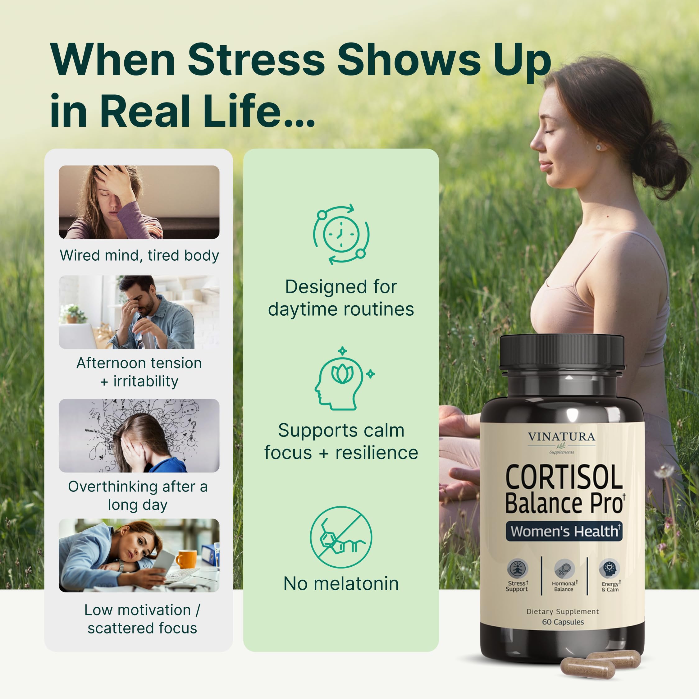 VINATURA Cortisol Supplements for Women - Cortisol Detox and Management - Adrenal Support, Stress Support, 60 Vegan Capsules VINATURAAu supplements