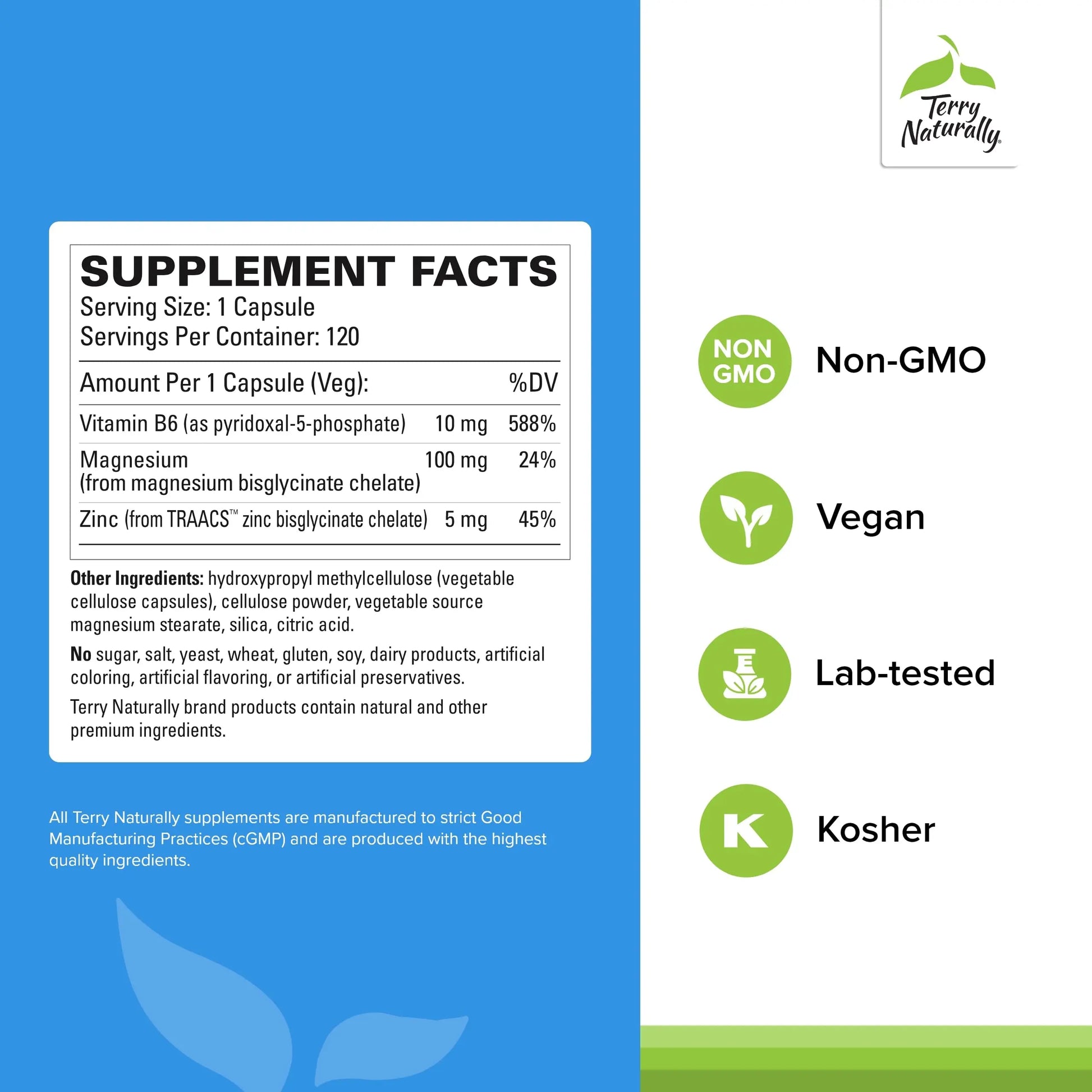 Terry Naturally BioActive Magnesium Complex - Bone & Heart Health Support - Supplement with Vitamin B6, Zinc & Magnesium - Pyridoxal-5-Phosphate Vegan Capsule Supplement - 120 Capsules Terry Naturallynz supplements