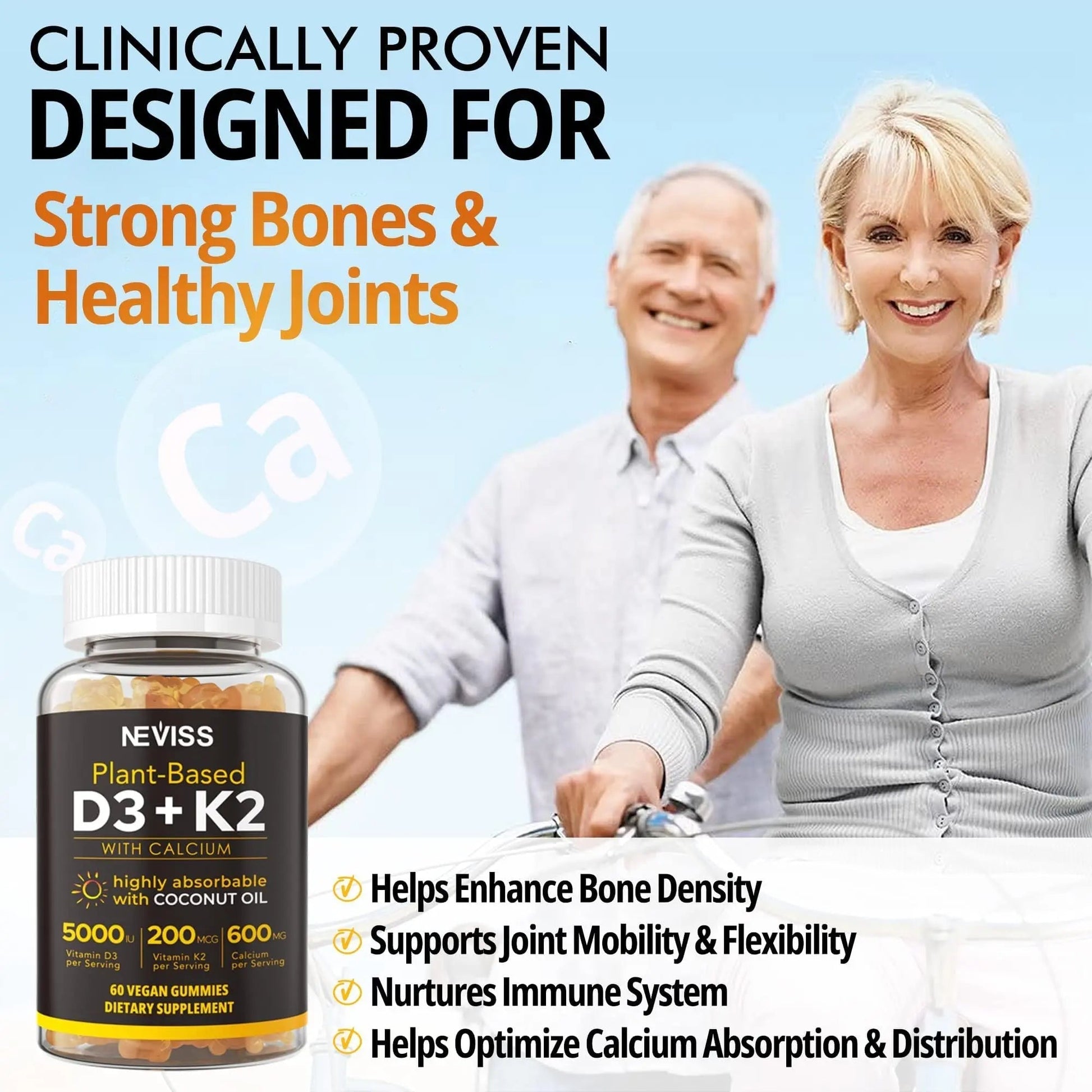 NEVISS 50+ Daily Gummy Multivitamin Algae Omega 3 & Calcium, CoQ10, Magnesium + Vitamin D3 5000IU Gummies 125mcg with Calcium 600mg, K2(MK7) 200mcg NEVISSAu supplements