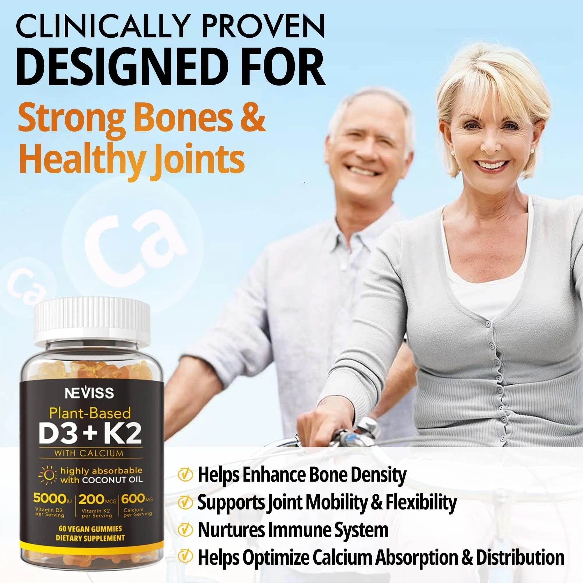 NEVISS 50+ Daily Gummy Multivitamin Algae Omega 3 & Calcium, CoQ10, Magnesium + Vitamin D3 5000IU Gummies 125mcg with Calcium 600mg, K2(MK7) 200mcg NEVISSAu supplements
