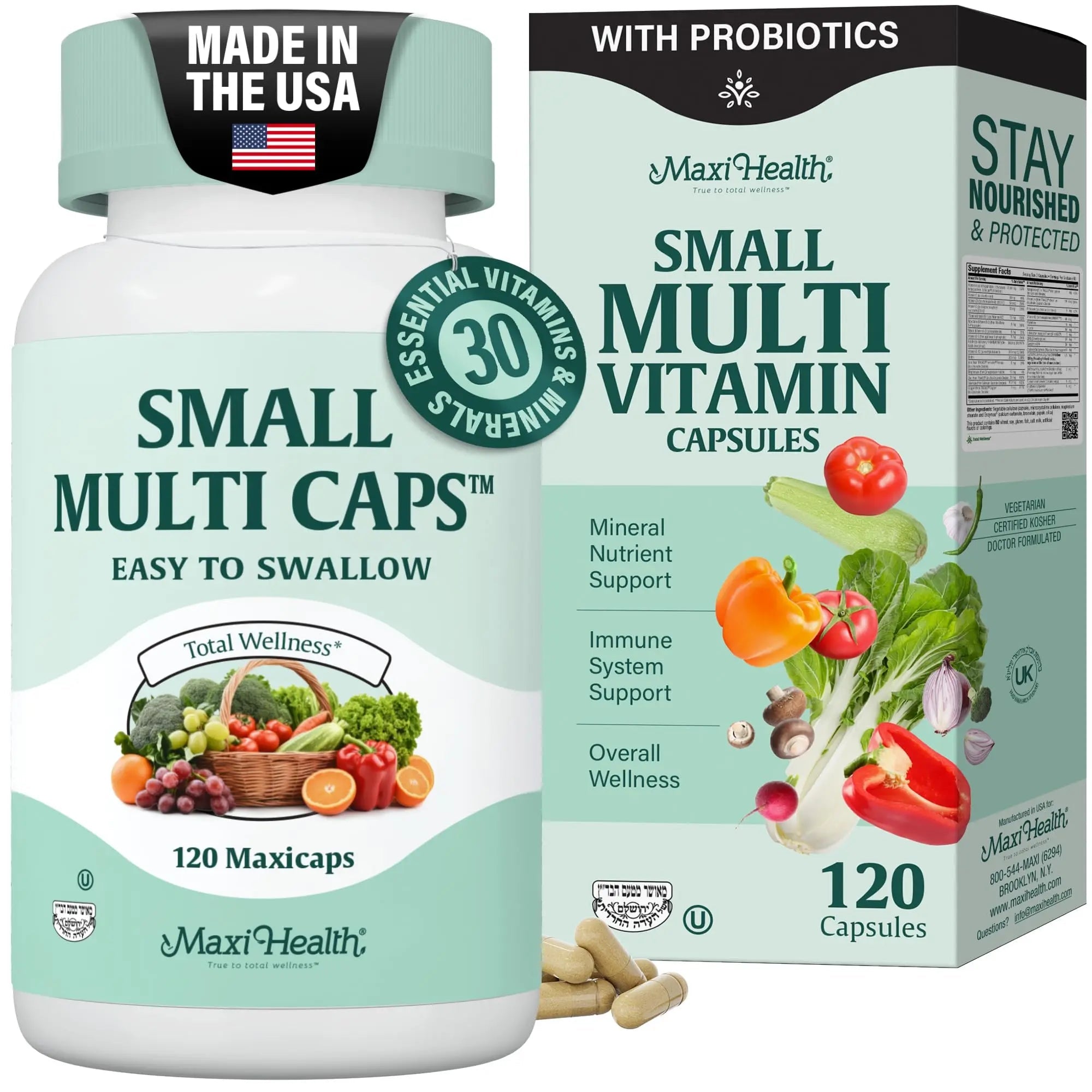 Maxi Health Multivitamin – Easy to Swallow Multi Vitamin Capsules with 30 Nutrients, Iron & Probiotics – Kosher Daily Multivitamins Small Capsules Maxi HealthAu supplements
